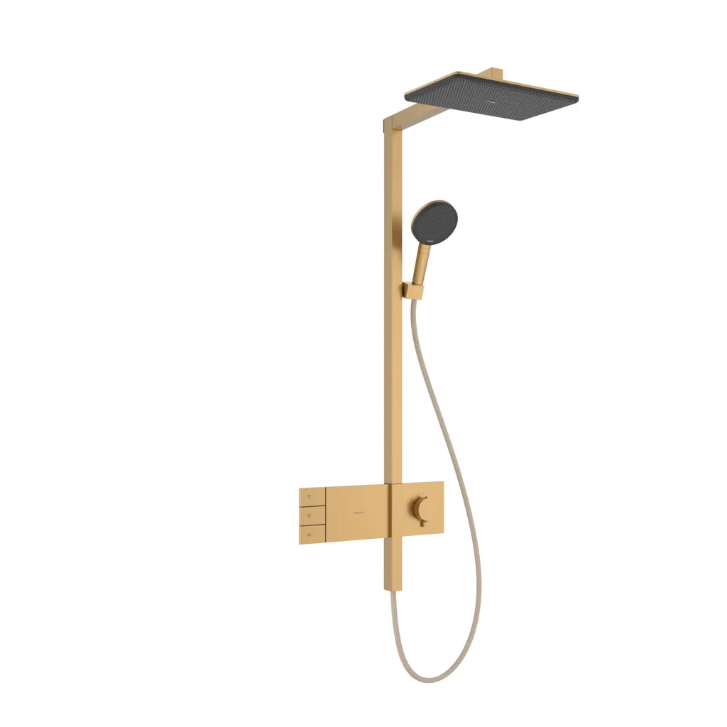 Hansgrohe Showerpipe Raindance Alive Q, 210/340 2jet mit Thermostat BBR, Brushed Bronze, 214 x 343 mm Brausekopfgröße, Aufputzinstallation