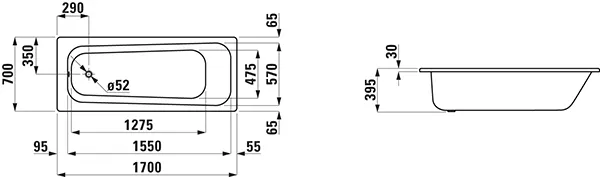 Einbau-Badewanne PRO 700x1700x395 aus Stahl inklusive Schallschutz weiß