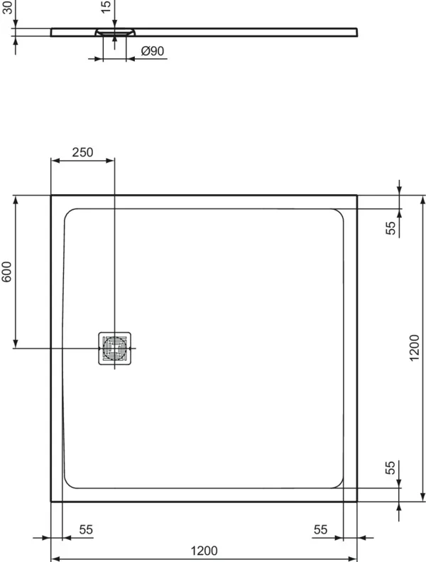 Ideal Standard Quadrat-Brausewanne Ultra Flat S + 1200x1200 mm Schiefer 30 mm Höhe Ideal Standard Quadrat-Brausewanne Ultra Flat S + 1200x1200 mm Schiefer 30 mm Höhe