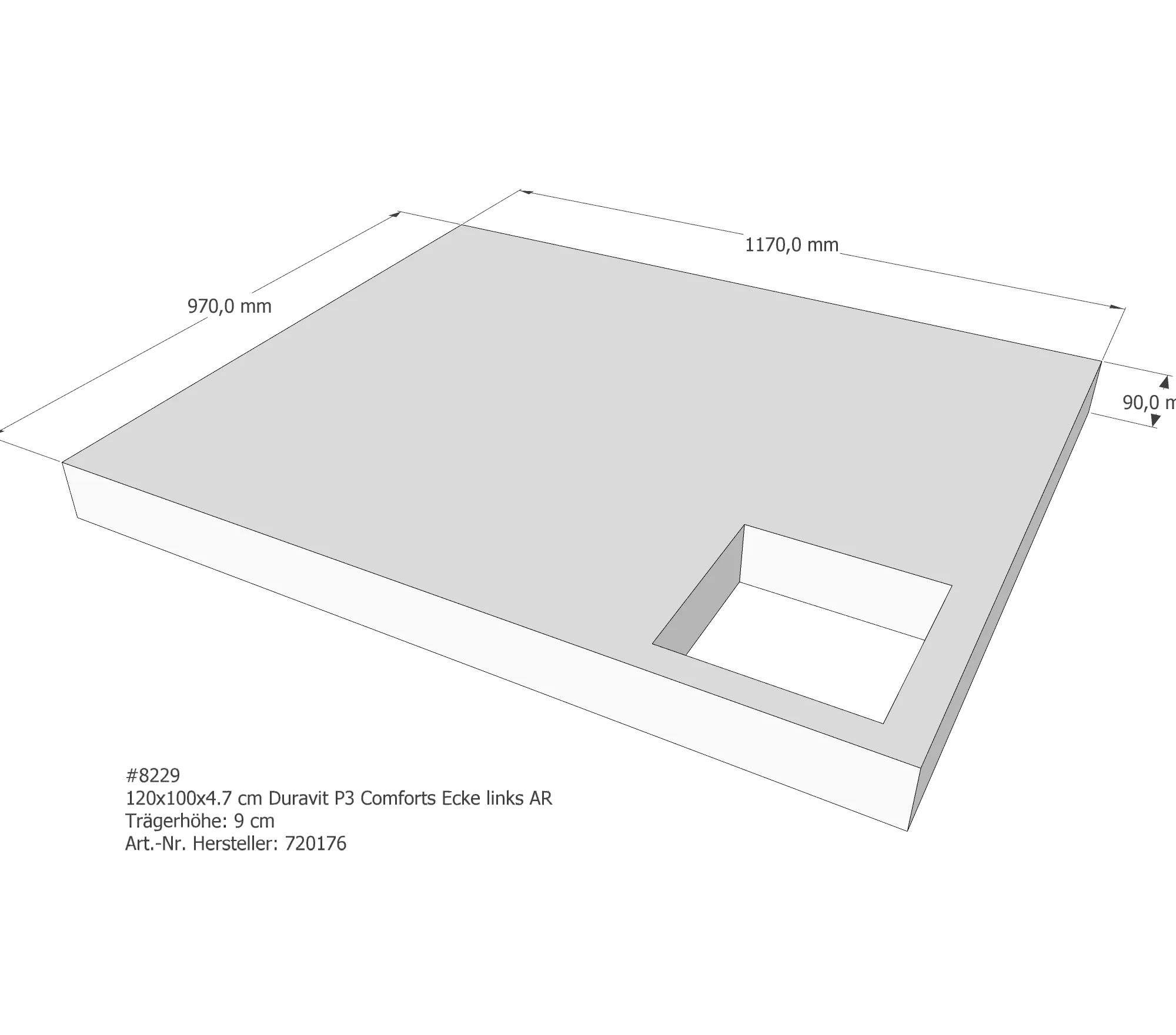 Duschwannenträger passend für Duravit P3 Comforts links 120 × 100 × 4,7 cm