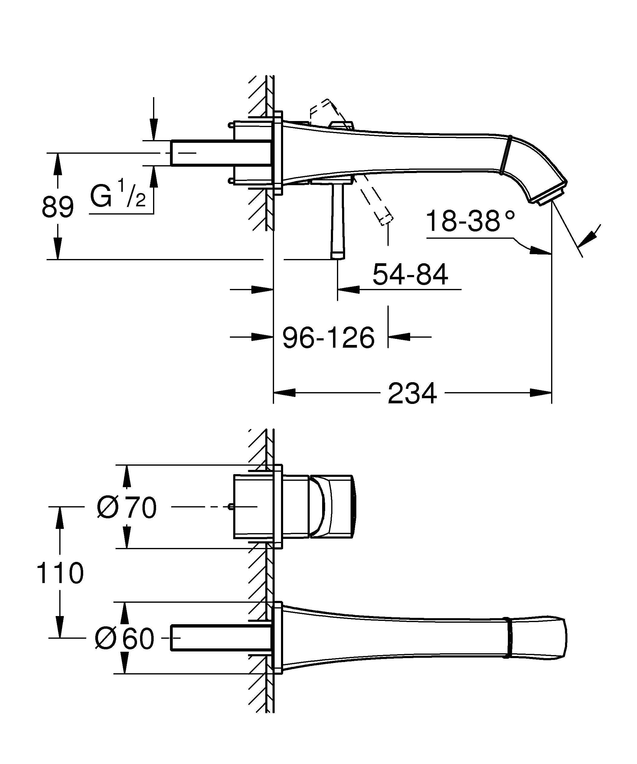 2-Loch-Waschtischbatterie Grandera 29417, Wandmontage, Fertigmontageset für 23 319, Ausladung 234 mm, chrom