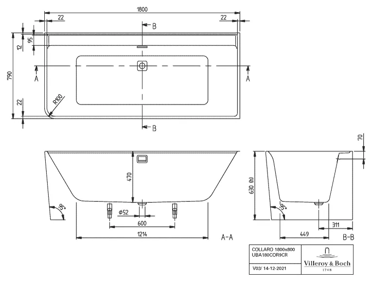 Villeroy & Boch Whirlwanne „Collaro“ mit Whirlsystem „Airpool Entry“ vorwand rechteck 179 × 79 cm, rechts in Weiß Alpin