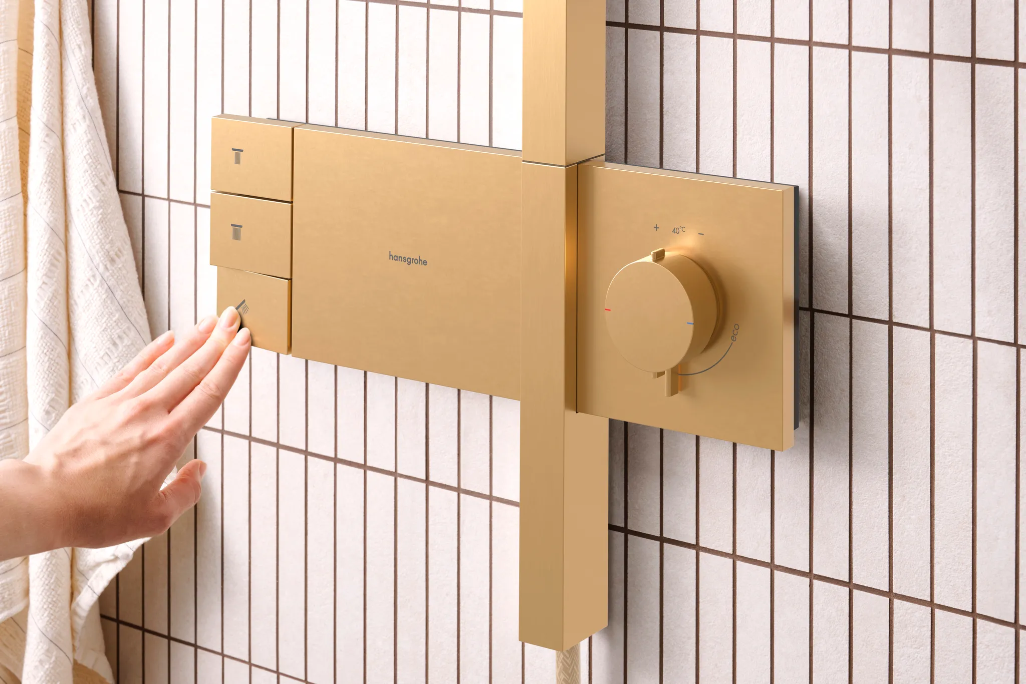 Hansgrohe Showerpipe Raindance Alive Q, 210/340 2jet mit Thermostat BBR, Brushed Bronze, 214 x 343 mm Brausekopfgröße, Aufputzinstallation
