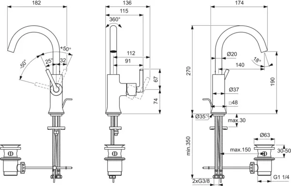 Waschtischarmatur Joy Neo mit Ablaufgarnitur Ausladung 140mm Kreuzgriffe Magnetic Grey Waschtischarmatur Joy Neo mit Ablaufgarnitur Ausladung 140mm Kreuzgriffe Magnetic Grey