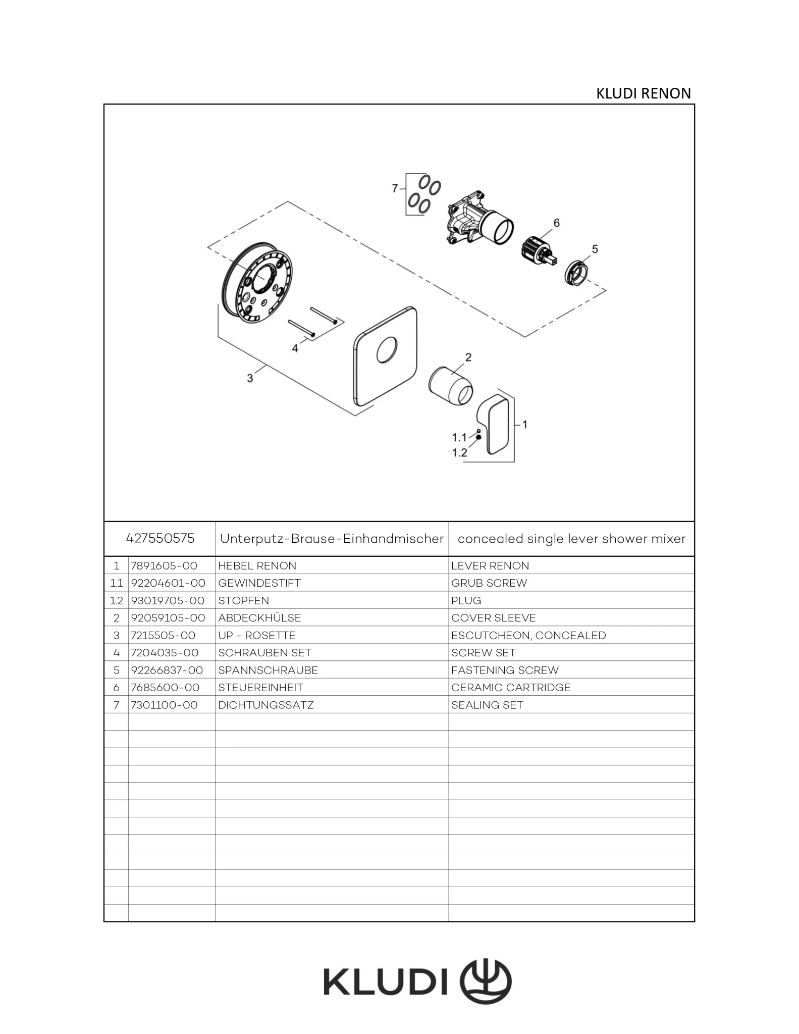 Kludi RENON Unterputz-Brause-Einhandmischer, chrom, Feinbau-Set mit Funktionseinheit, Wandmontage, geschlossener Hebel, Keramik-Kartusche mit Heißwasserbegrenzung, Durchflussmenge 28 l/min.