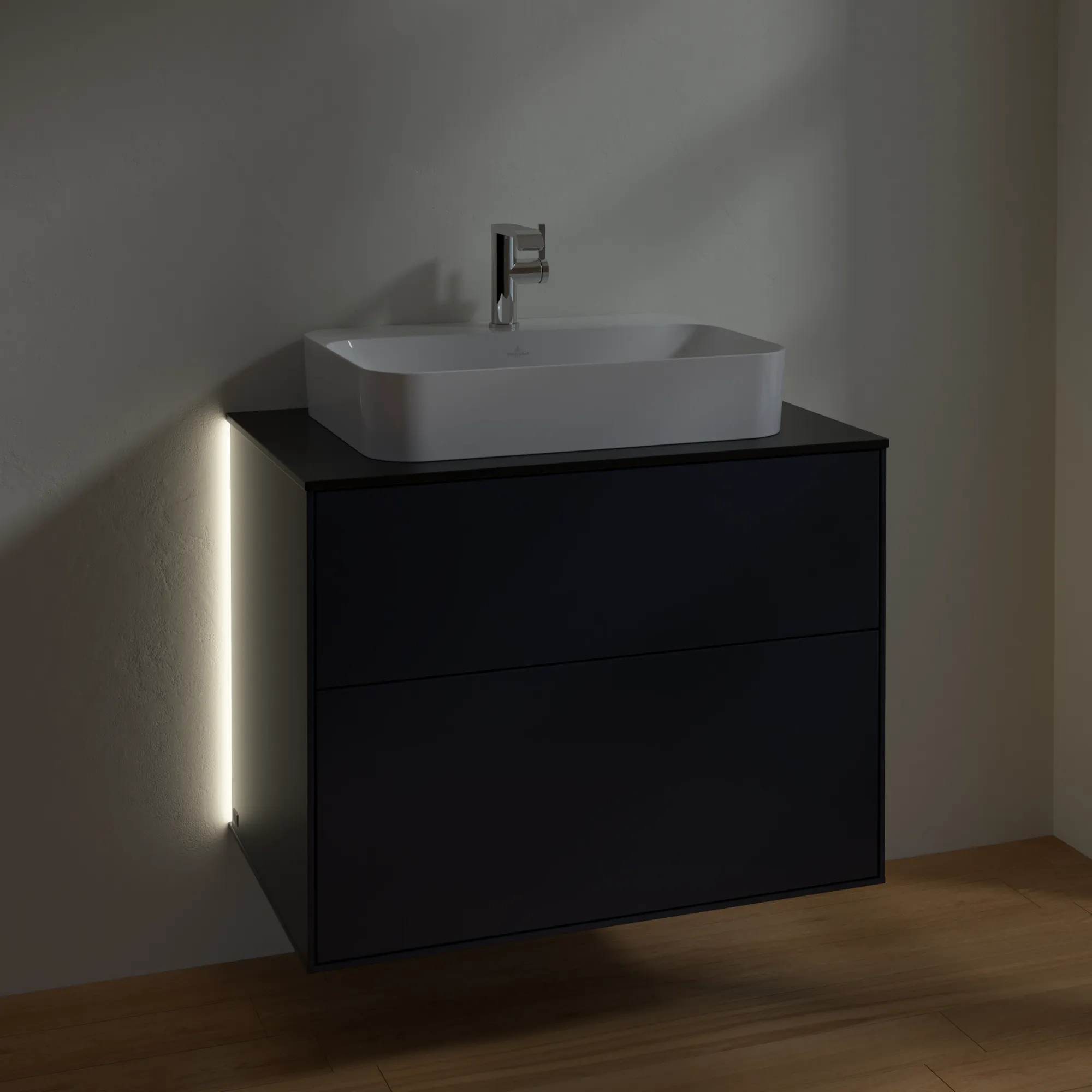 Villeroy & Boch Finion Waschbeckenunterschrank G34, 800 x 603 x 501 mm, Midnight Blue Matt Lacquer / Glass Black Matt