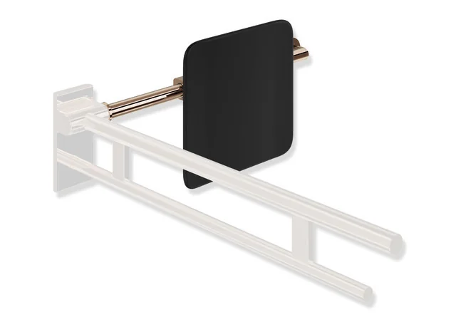 HEWI Rückensstütze System 900, PVD beschichtet, Kupfer glänzend, Achsmaß verstellbar 616-716 mm, Tiefe 150 mm, einseitig Wandmontage mit Rosetten (links), Montage an Stützklappgriffen Design (A) (rechts)