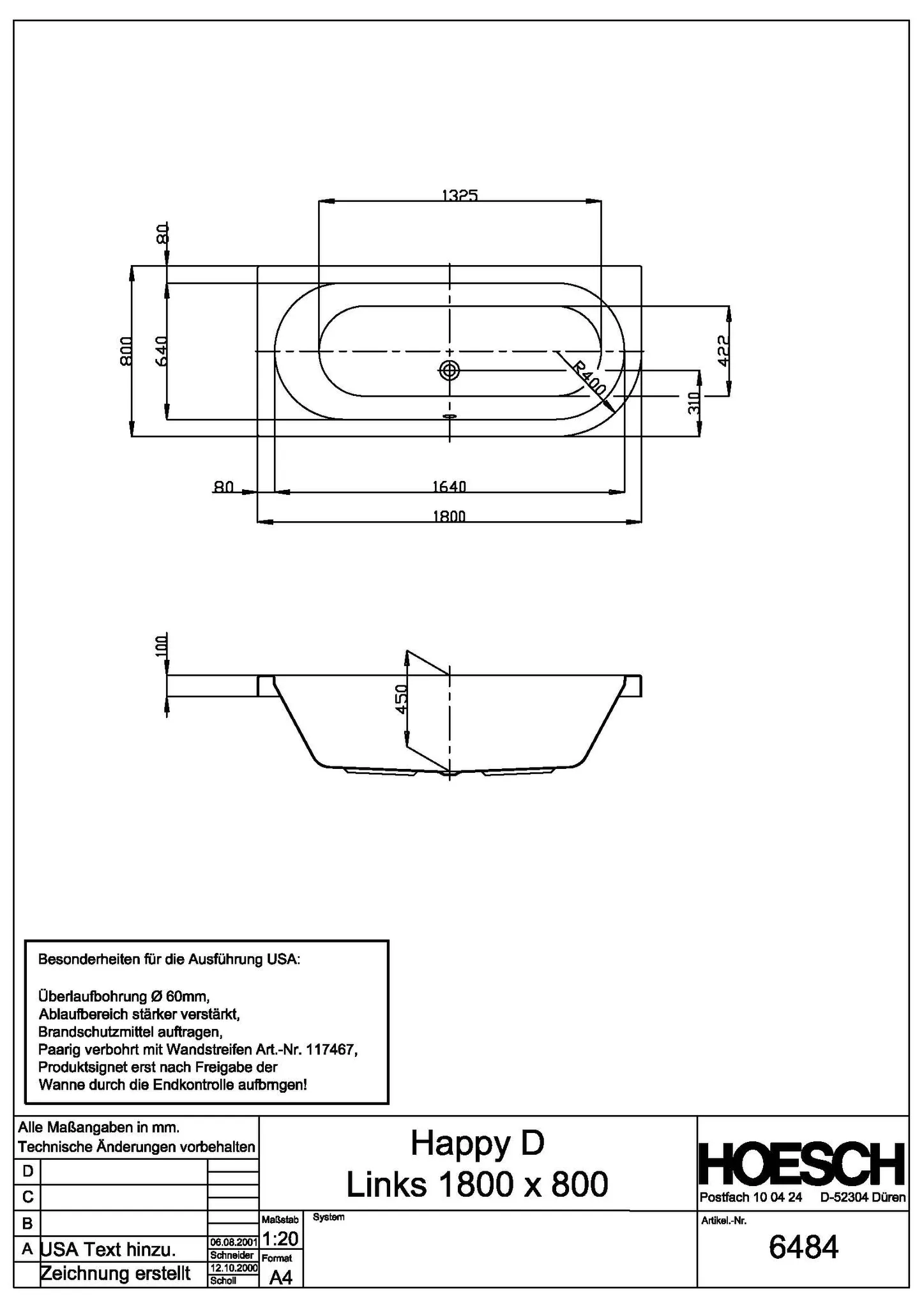 Hoesch Badewanne „Happy D.“ eck, asymmetrisch 180 × 80 cm, links, ohne Schürze in Weiß