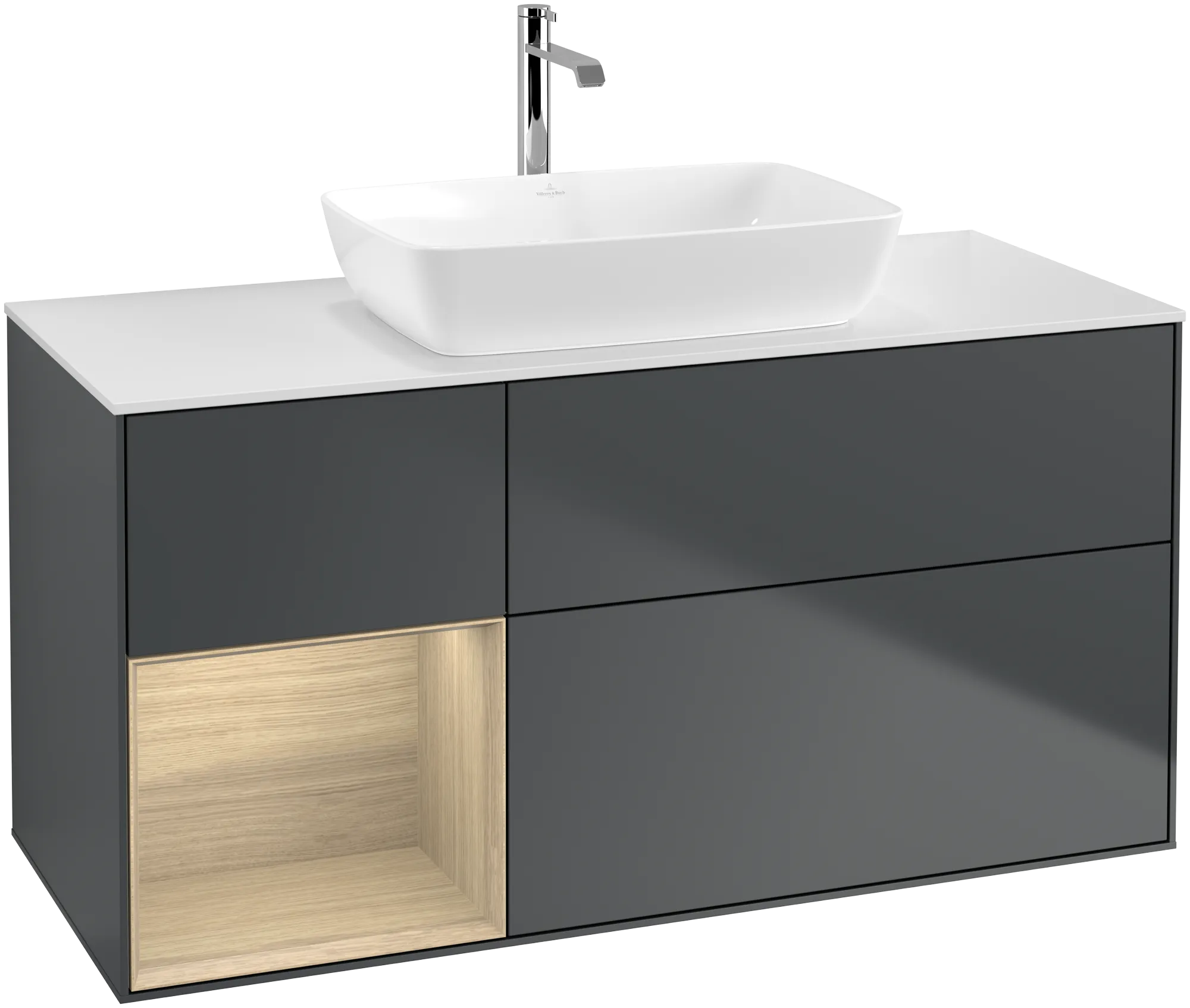 Villeroy & Boch Finion Waschbeckenunterschrank F82, 1200x603x501mm, Midnight Blue Matt Lacquer / Oak Veneer / Glass White Matt