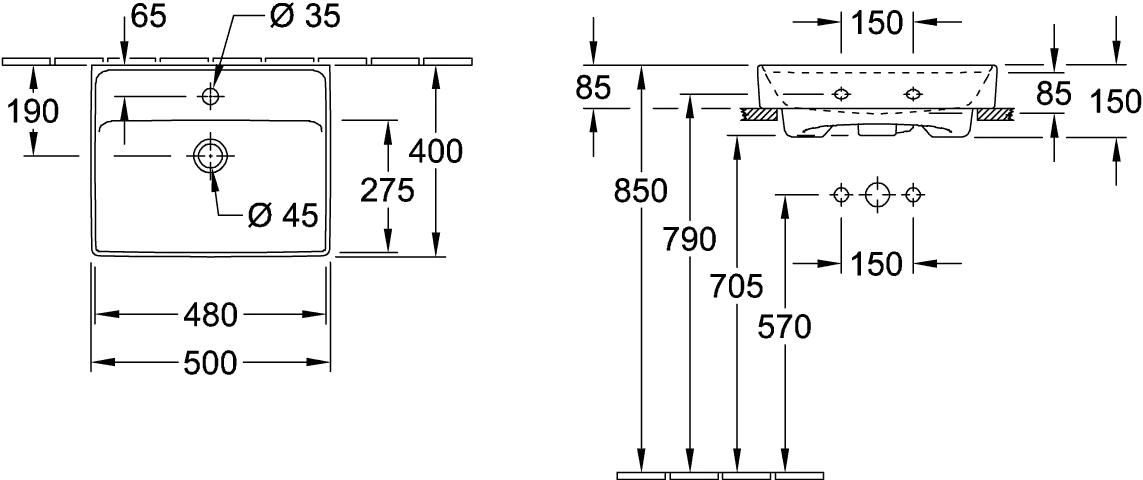 Villeroy & Boch Handwaschbecken aus TitanCeram geschliffen „Collaro“ 500 × 400 × 150 mm, mit Hahnlochbohrung, Hahnlochposition mittig in Weiß Alpin Villeroy & Boch Handwaschbecken aus TitanCeram geschliffen „Collaro“ 500 × 400 × 150 mm, mit Hahnlochbohrung, Hahnlochposition mittig in Weiß Alpin