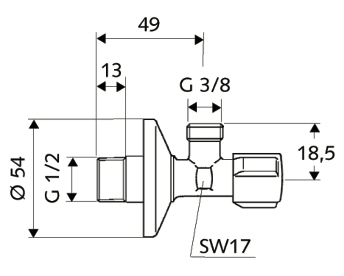 Eckventil mit Regulierfunktion COMFORT, COMFORT-Griff, Schubrosette Ø 54 mm, DN 15 G 1/2 AG, DN 10 G 3/8 AG, chrom