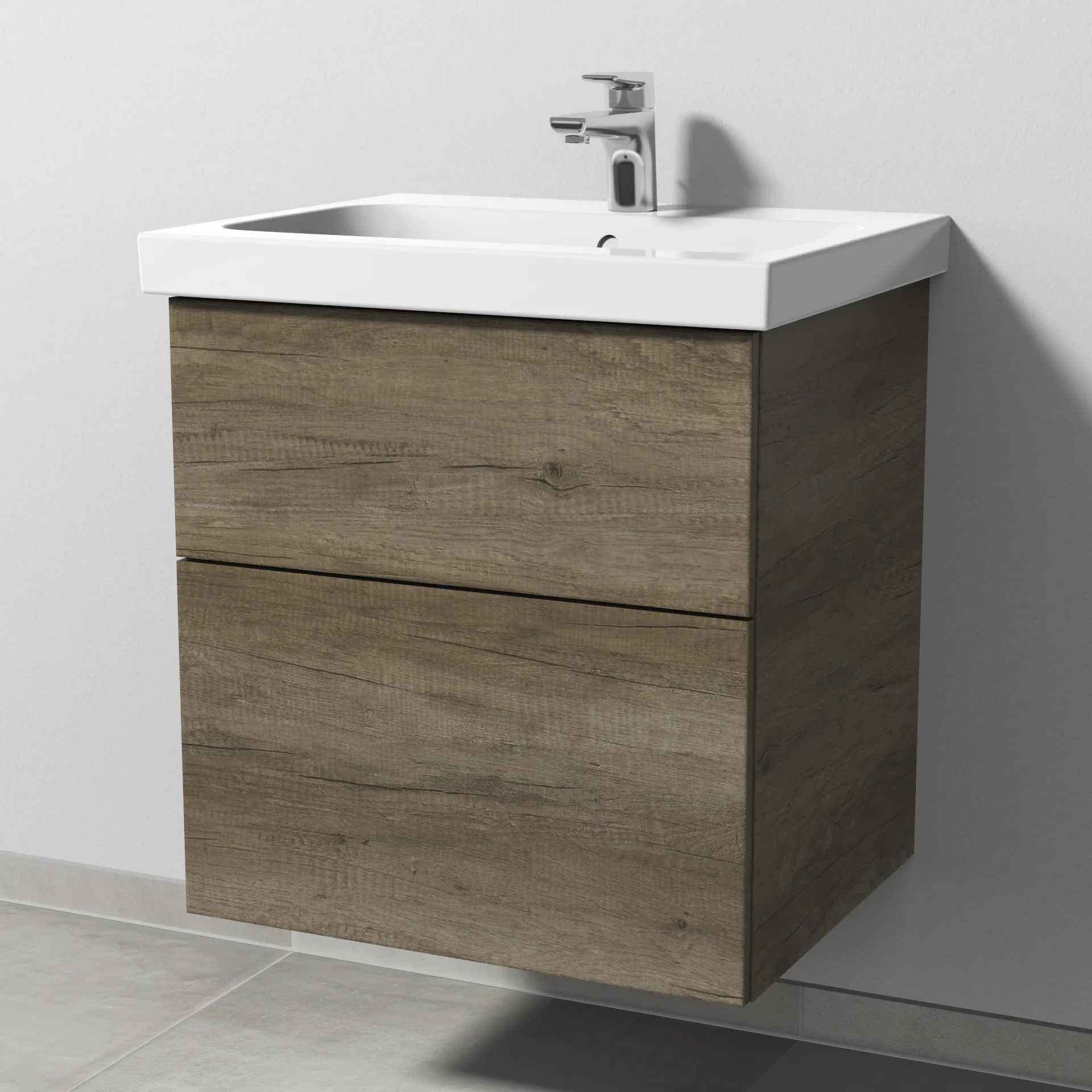 Sanipa Waschtischunterschrank „3way“ passend zu Keramik-Waschtische iCon Light von Geberit 560 × 591 × 462 mm in Eiche Nebraska, Becken mittig, mit 