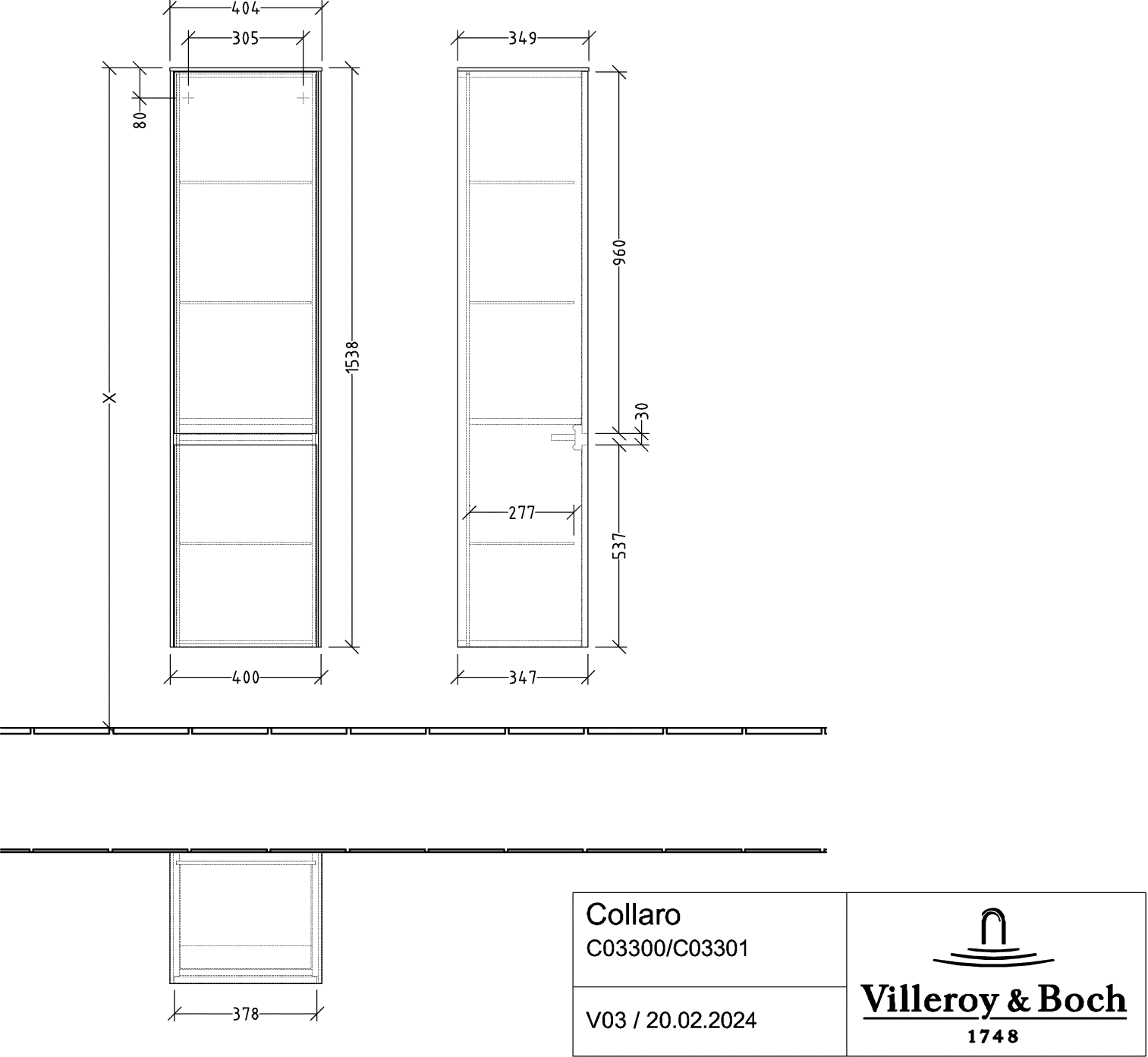 Villeroy & Boch Hochschrank „Collaro“ 40,4 × 153,8 × 34,9 cm ohne Beleuchtung, Anschlag rechts, 2 Türen