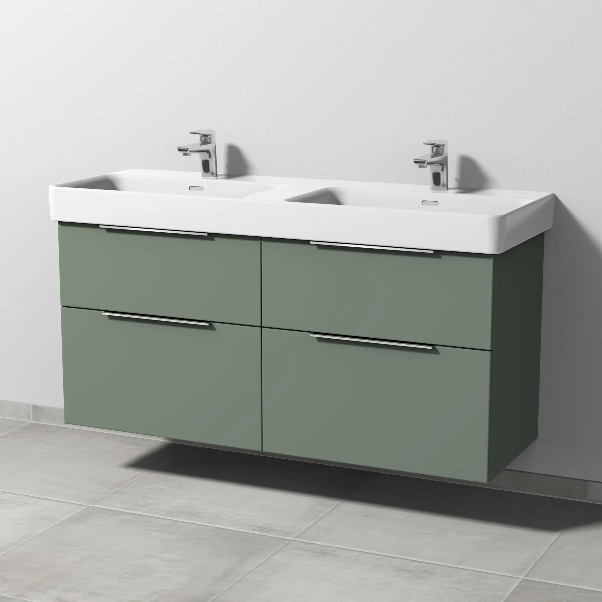 Sanipa Waschtischunterschrank „3way“ passend zu Keramik-Waschtische Pro S von Laufen 1250 × 593 × 437 mm in Soft-Green, mit Hahnlochbohrung, Becken