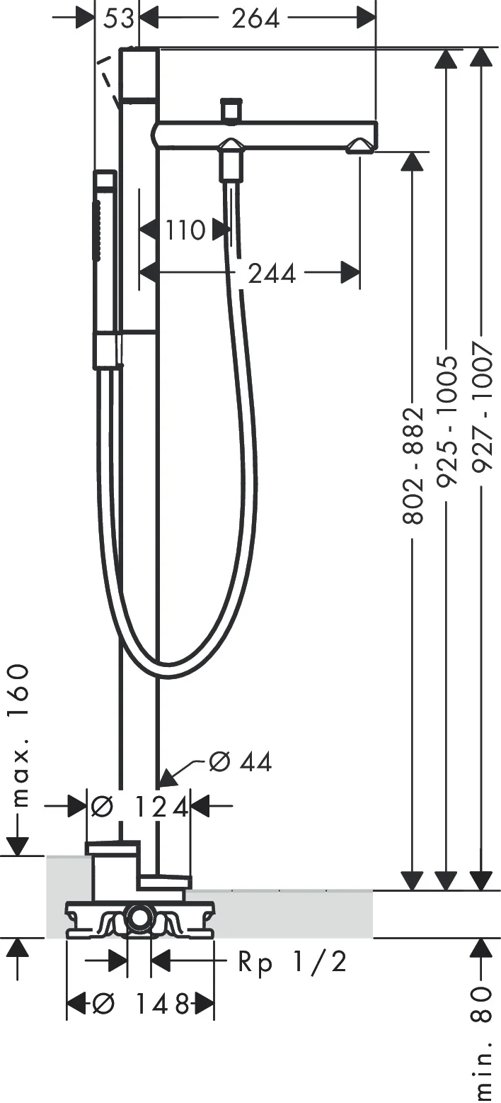 Hansgrohe AXOR Uno Einhebel-Wannenmischer bodenstehend, Brushed Nickel, Ausladung 244 mm