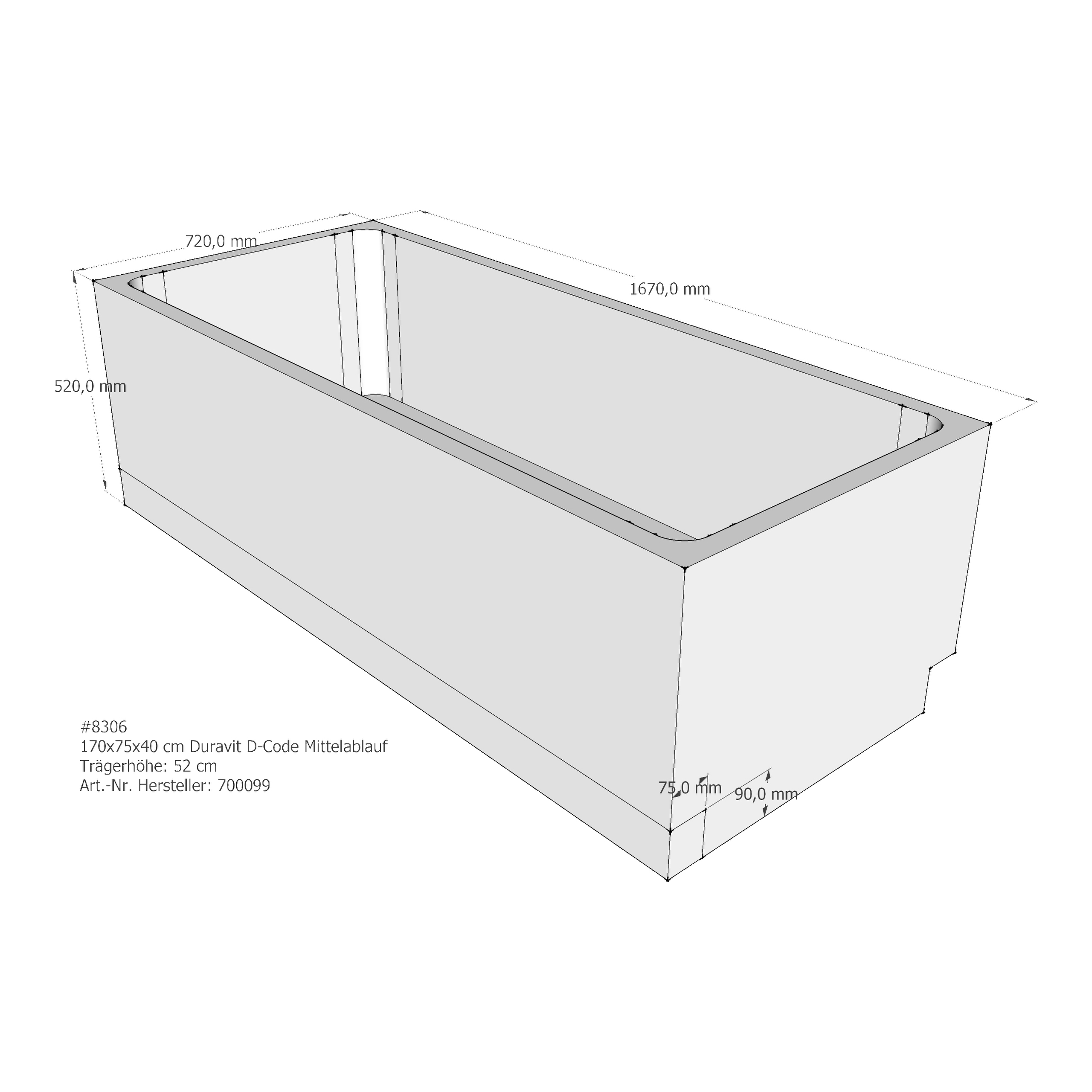 Badewannenträger für Duravit D-Code 170 × 75 × 40 cm Ablauf: Mittelablauf / Breite: 75 cm / Länge: 170 cm Badewannenträger für Duravit D-Code 170 × 75 × 40 cm Ablauf: Mittelablauf / Breite: 75 cm / Länge: 170 cm