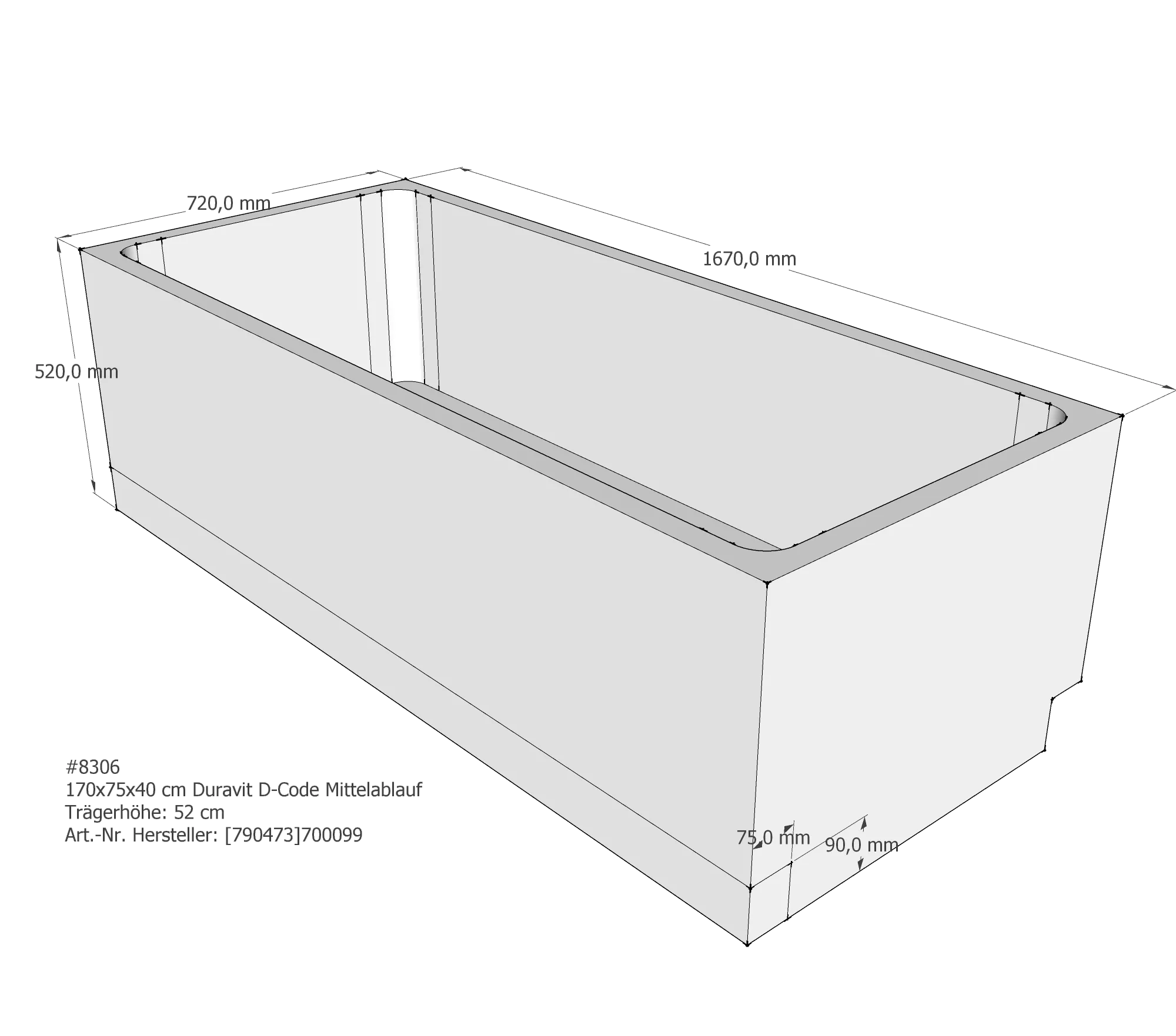 Badewannenträger für Duravit D-Code 170 × 75 × 40 cm Ablauf: Mittelablauf / Breite: 75 cm / Länge: 170 cm