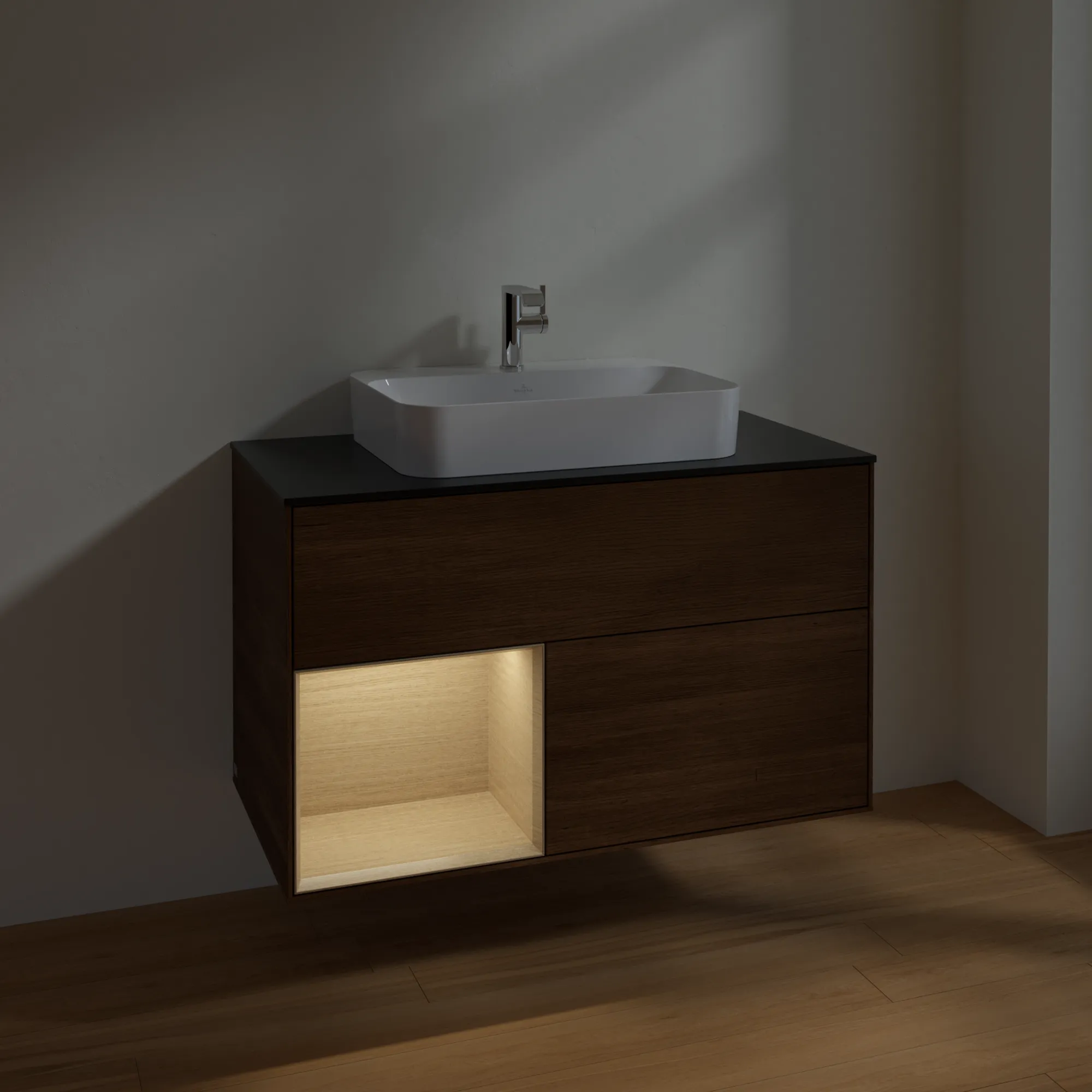 Villeroy & Boch Waschtischunterschrank „Finion“ für Schrankwaschtisch 1000 × 603 × 501 mm Walnut Veneer, für Becken mittig Villeroy & Boch Waschtischunterschrank „Finion“ für Schrankwaschtisch 1000 × 603 × 501 mm Walnut Veneer, für Becken mittig