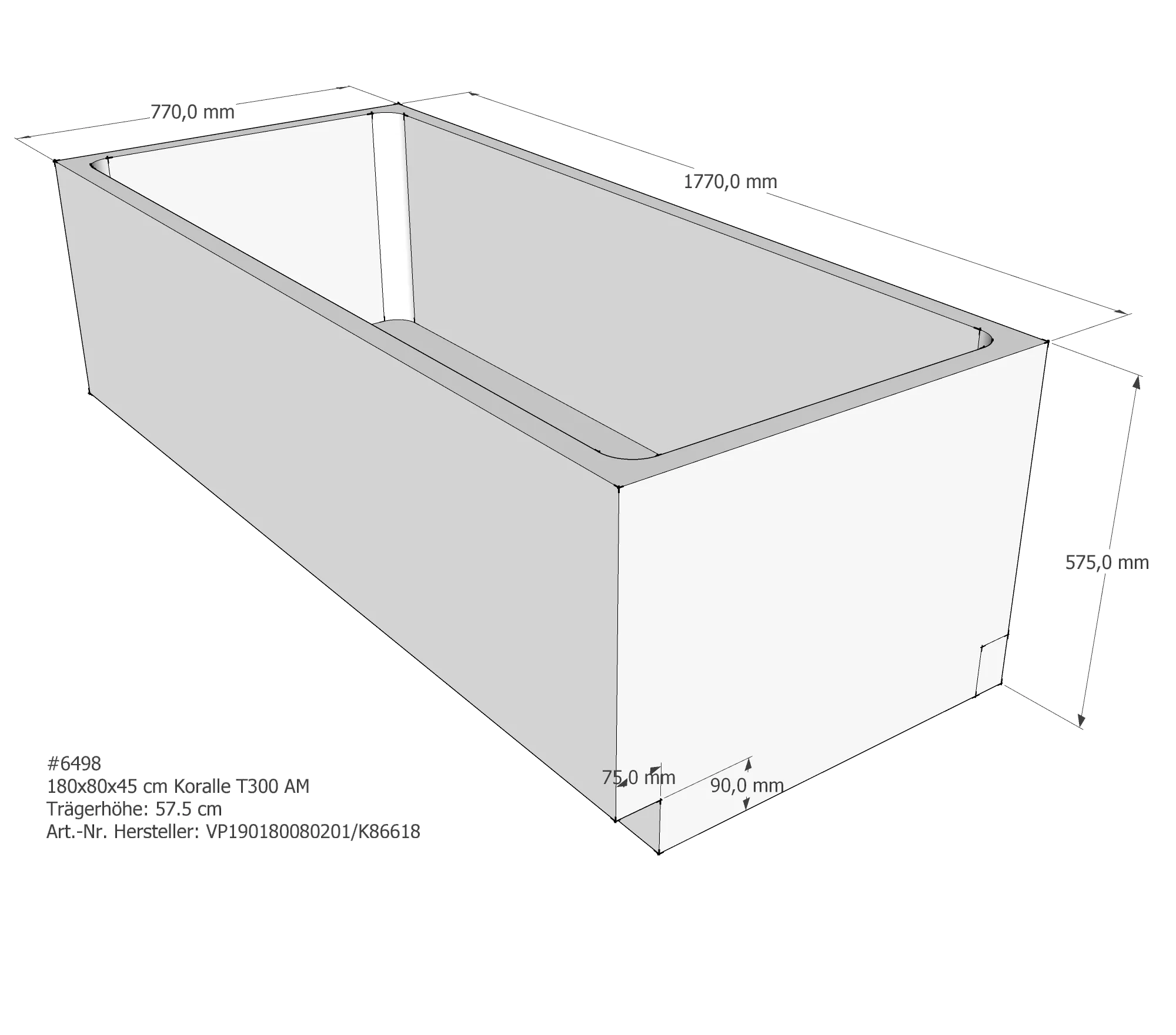 Badewannenträger passend für Koralle T300 BW 180/80 180 × 80 × 45 cm