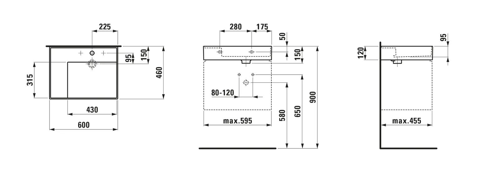 Waschtisch Kartell • 460x600x150 1 Hahnloch ohne Überlauf versteckter Ablauf Ablage links weiß