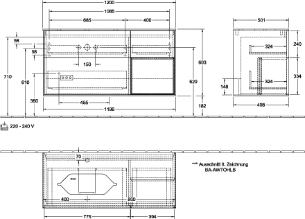 Villeroy & Boch Waschtischunterschrank „Finion“ für Schrankwaschtisch 1200 × 603 × 501 mm Anthracite Matt Lacquer, für Becken links, mit Hahnlochbohrung