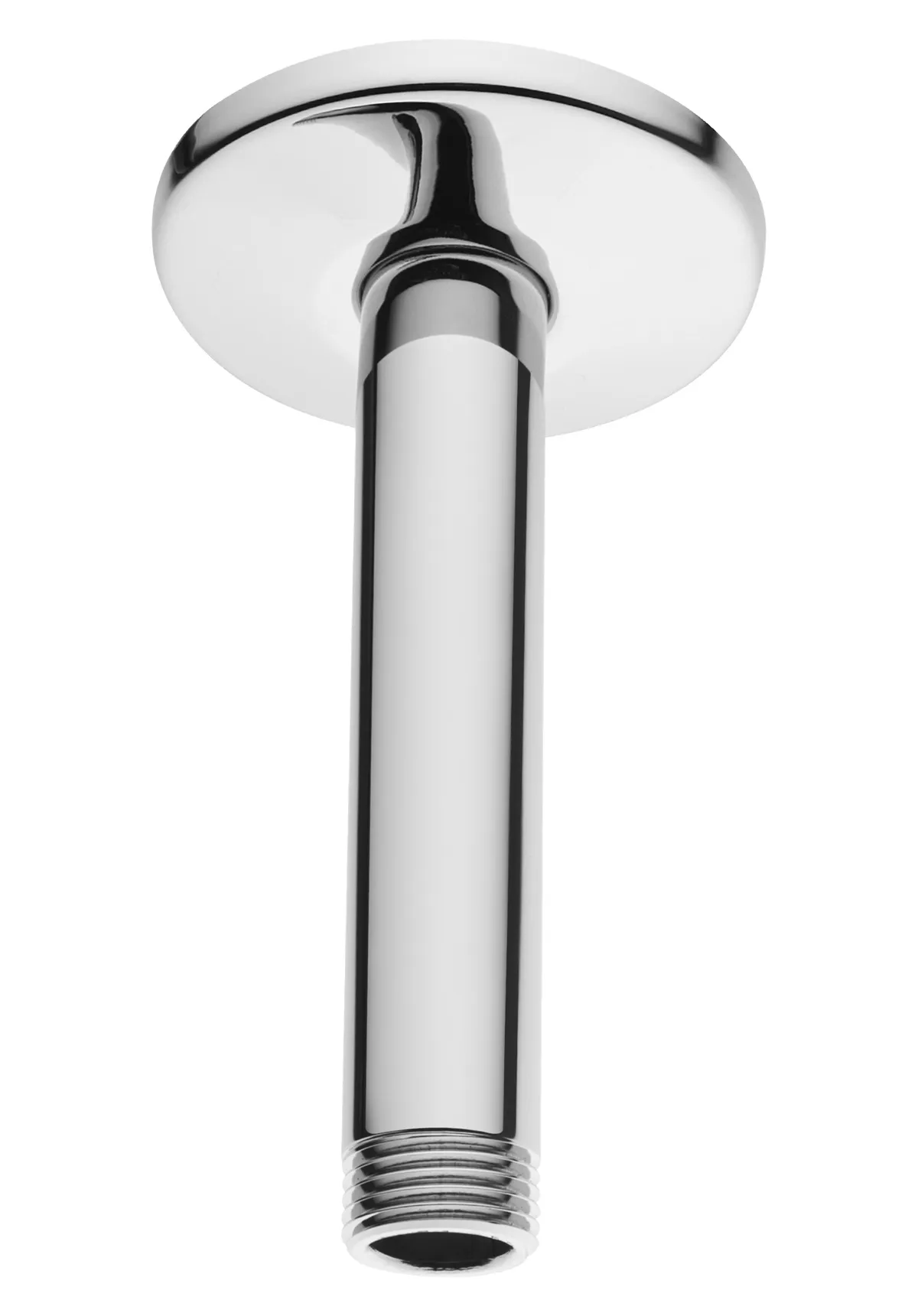 Universal Deckenarm für Duschkopf, Deckenmontage, Ausladung 100 mm, runde Rosette (Durchmesser 70 mm), G 1/2″, Material Korpus: Messing (verchromt), Material Rosette: Edelstahl, Farbe: Chrom