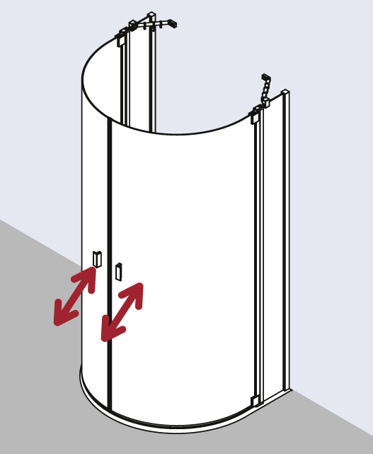 Kermi Duschtür Halbkreis-Duschkabine (Pendeltüren mit Festfeldern) „RAYA“, Anschlag links und rechts, Drehtür zweiteilig BV: 855 - 885 mm H: 2000 mm