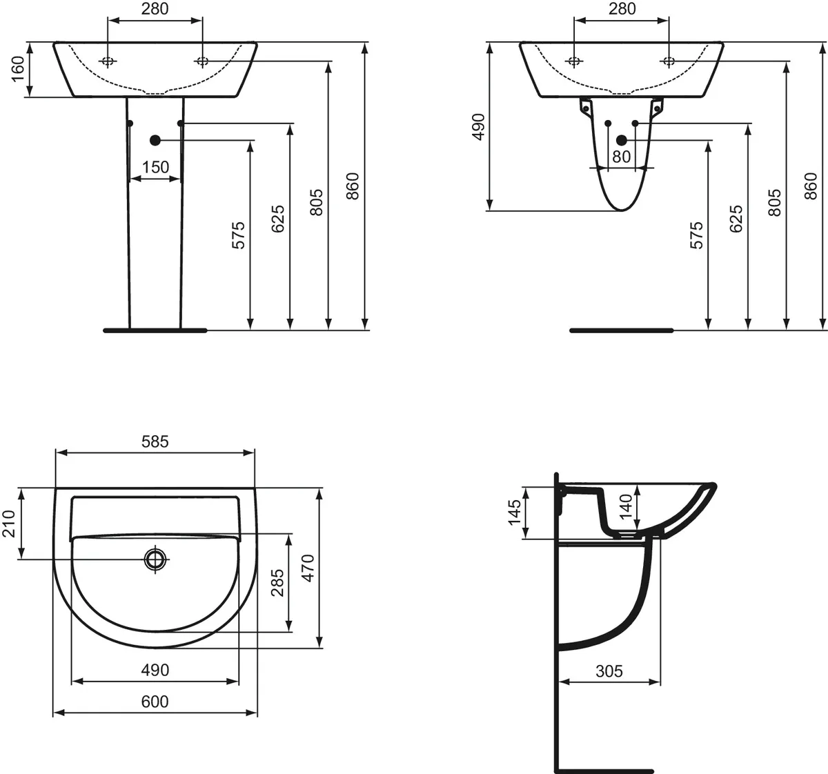 Waschtisch Eurovit, ohne Hahnloch, ohne Überlauf, 600x470x160mm, Weiß Waschtisch Eurovit, ohne Hahnloch, ohne Überlauf, 600x470x160mm, Weiß