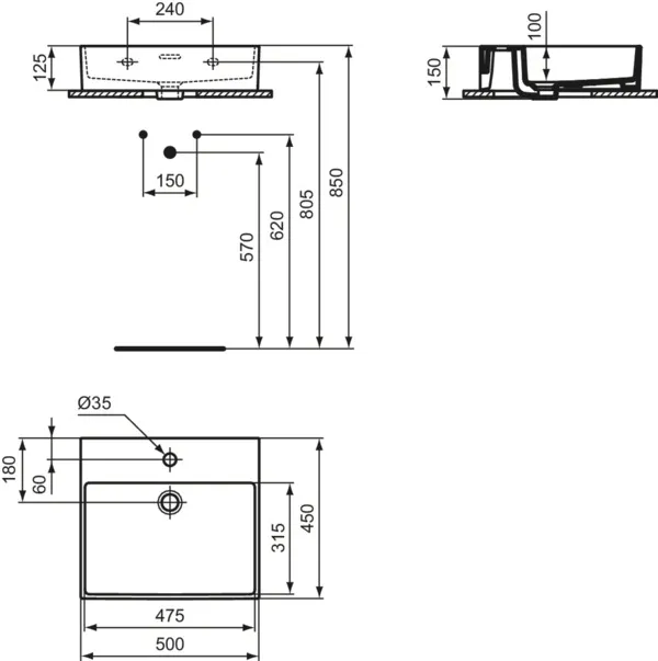 Ideal Standard Waschtisch Extra, 1 Hahnloch, Seidenweiß, 500x450x150 mm