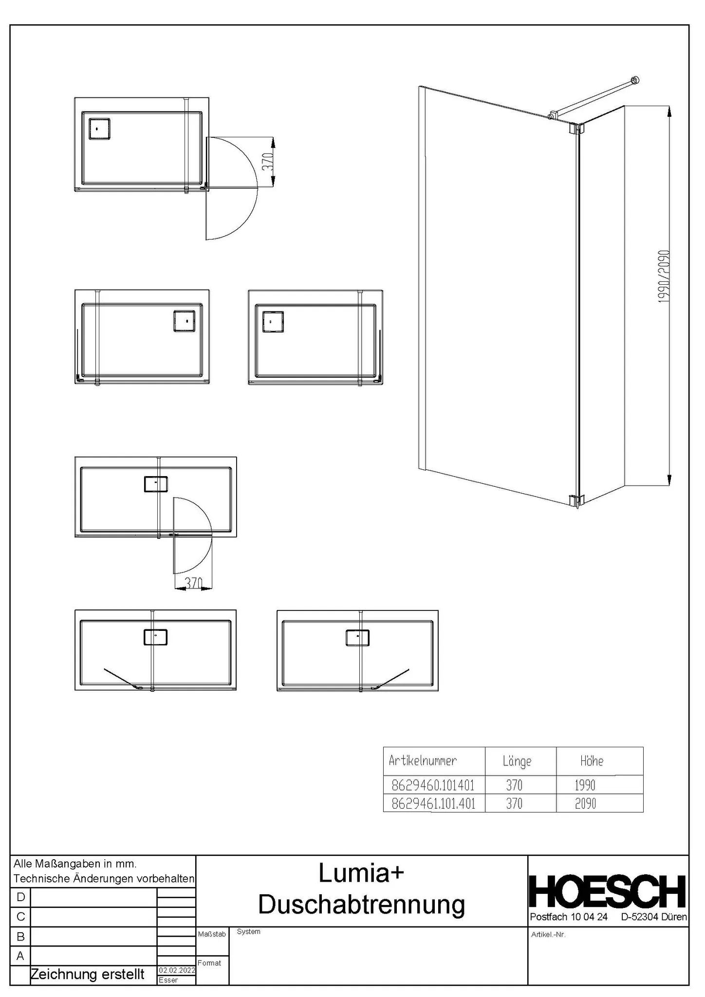 Hoesch Walk-In-Duschkabine „Lumia+“ Profile schwarz, H: 1990 mm