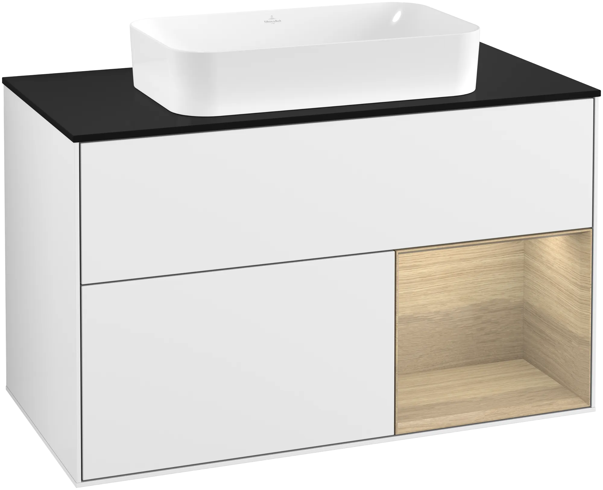 Villeroy & Boch Finion Waschbeckenunterschrank F25 1000x603x501mm Glossy White Lacquer / Oak Veneer / Glass Black Matt