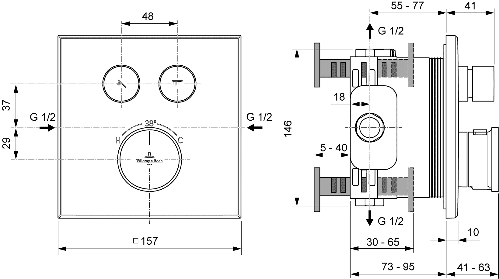 Villeroy & Boch Vea Unterputz-Thermostat, Chrom, 157x45x157 mm, Zweiwege-Mengenregulierung