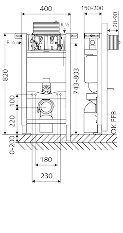 WC-Modul MONTUS, Typ 820 C, Betätigung von oben oder vorne, B 40 cm x H 82 cm, Rahmen pulverbeschichtet
