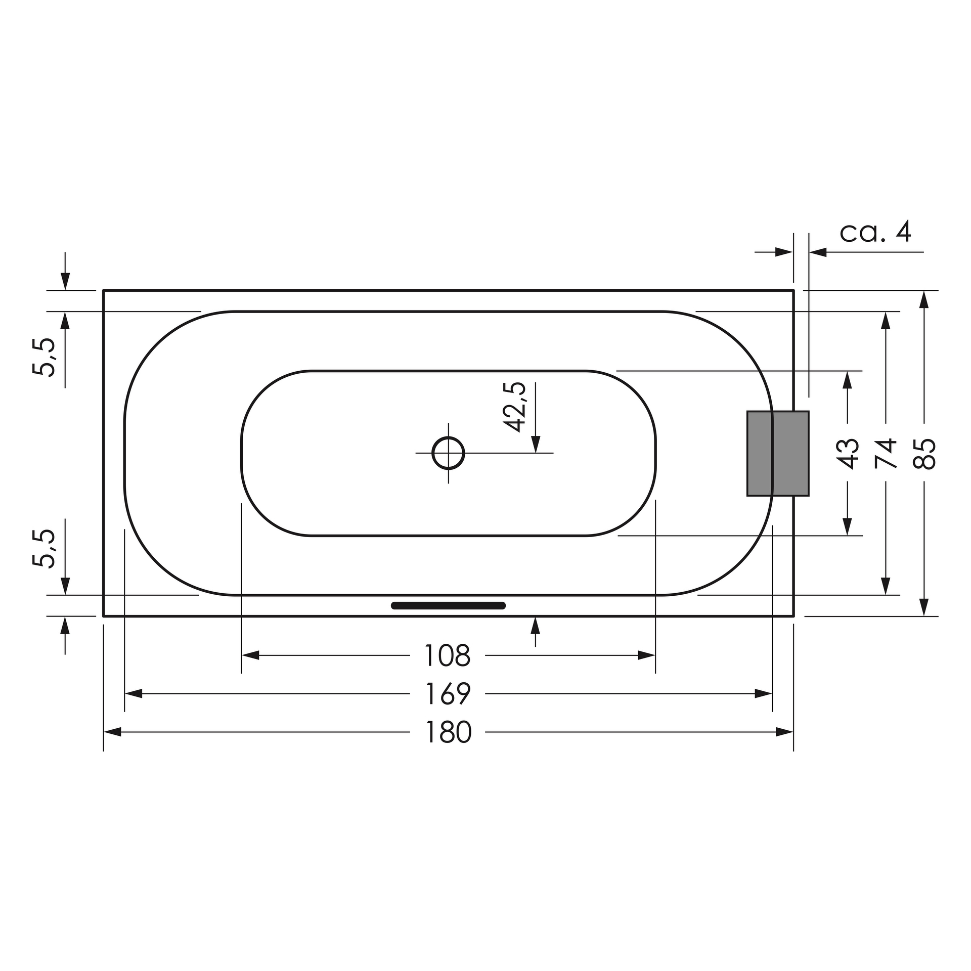 repaBAD Badewanne „Pod“ rechteck 1800 × 850 mm, Mittelablauf in Weiß repaBAD Badewanne „Pod“ rechteck 1800 × 850 mm, Mittelablauf in Weiß