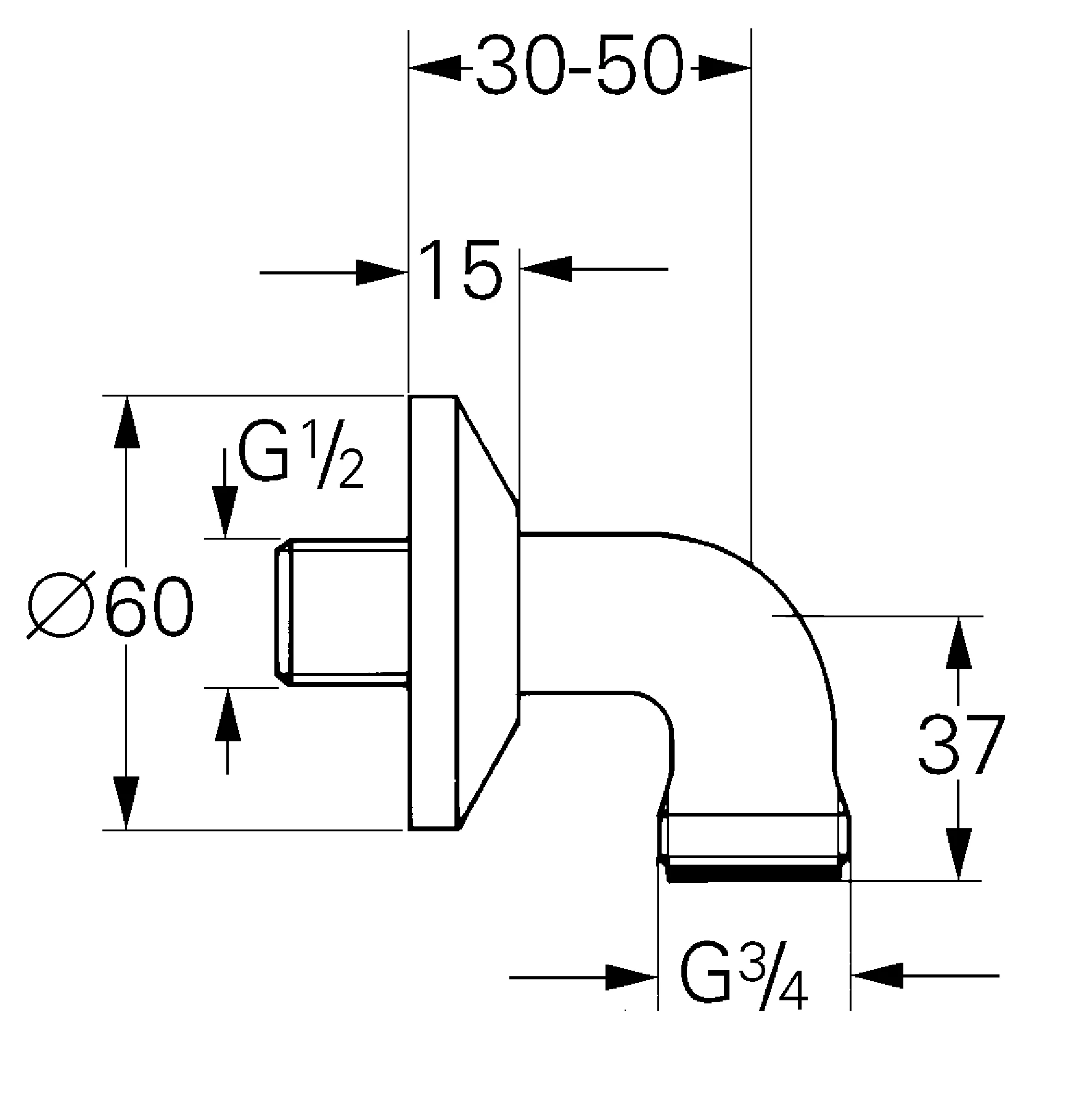 Anschlusswinkel 12063, Außengewinde, 1/2'' x 3/4'', Schubrosette, für Vertica-Batterien, chrom