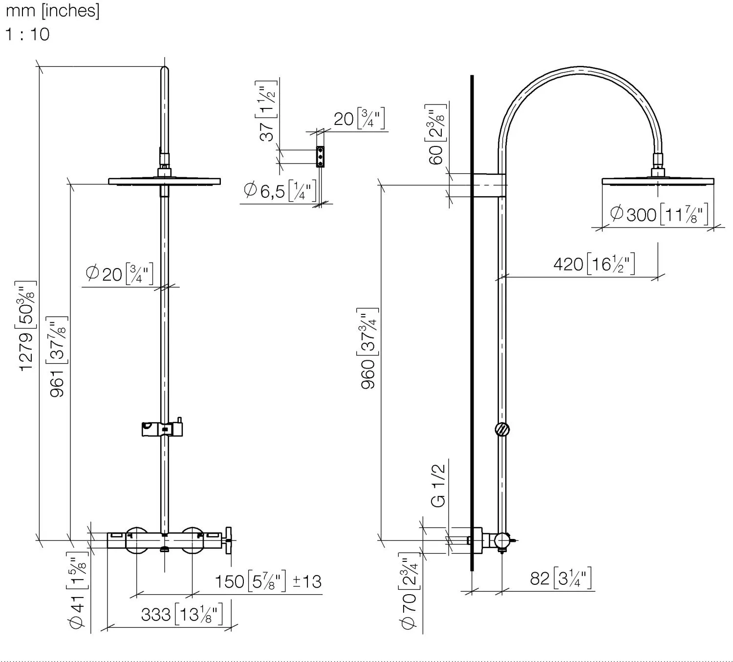 Dornbracht VAIA Showerpipe mit Brause-Thermostat Chrom 300 mm, Höhe bis Regenbrause 964 mm, Ausladung Standbrause 420 mm