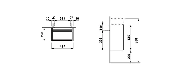 Waschtischunterbau LANI 270x437x515 1 Tür Scharnier links integrierte Griffleiste und Soft-Close 1 Glasablage (fix) für Waschtisch Kartell • H815335 weiß matt