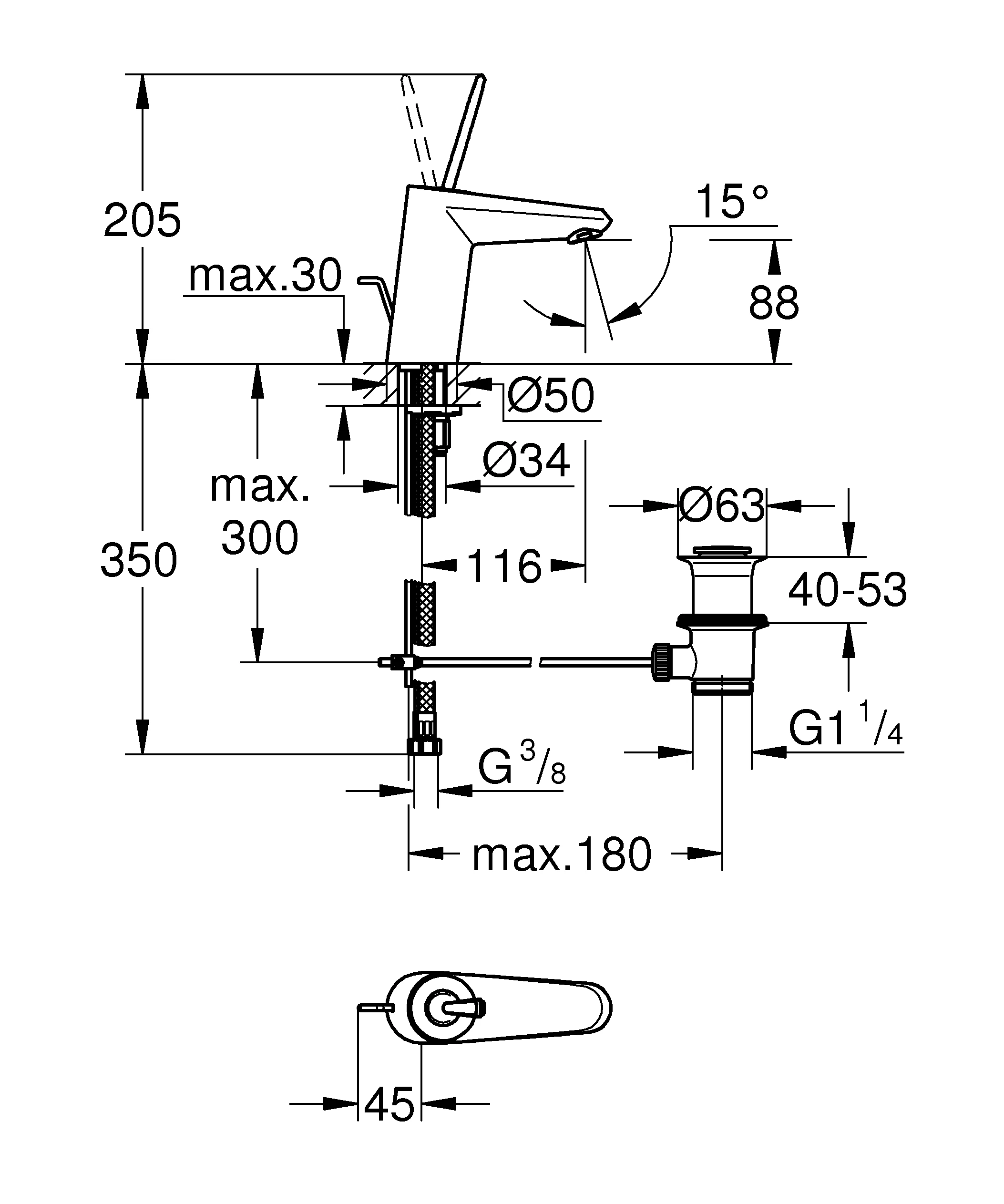 Einhand-Waschtischbatterie Eurodisc Joy 23425, S-Size, Einlochmontage, Zugstangen-Ablaufgarnitur 1 1/4'', chrom