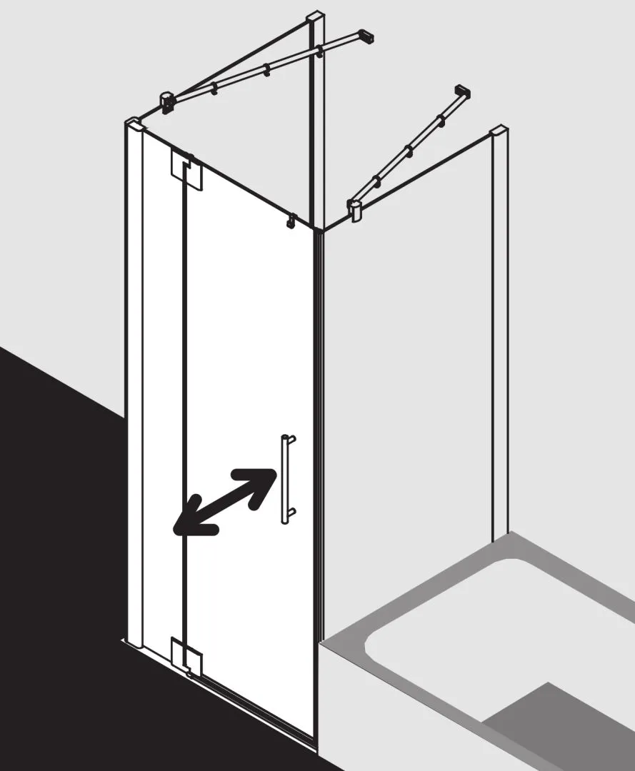 PASA XP PX1WL Pendeltür 1-flügelig mit Festfeld links, für Ecke, Höhe 2000 mm, Wanneneinbaumaß 780-810 / 775-805 mm, Breitenverstellmaß 770-800 mm, Glasaußenkante 755-785 mm, Farbe Silber Mattglanz, Glas ESG Klar