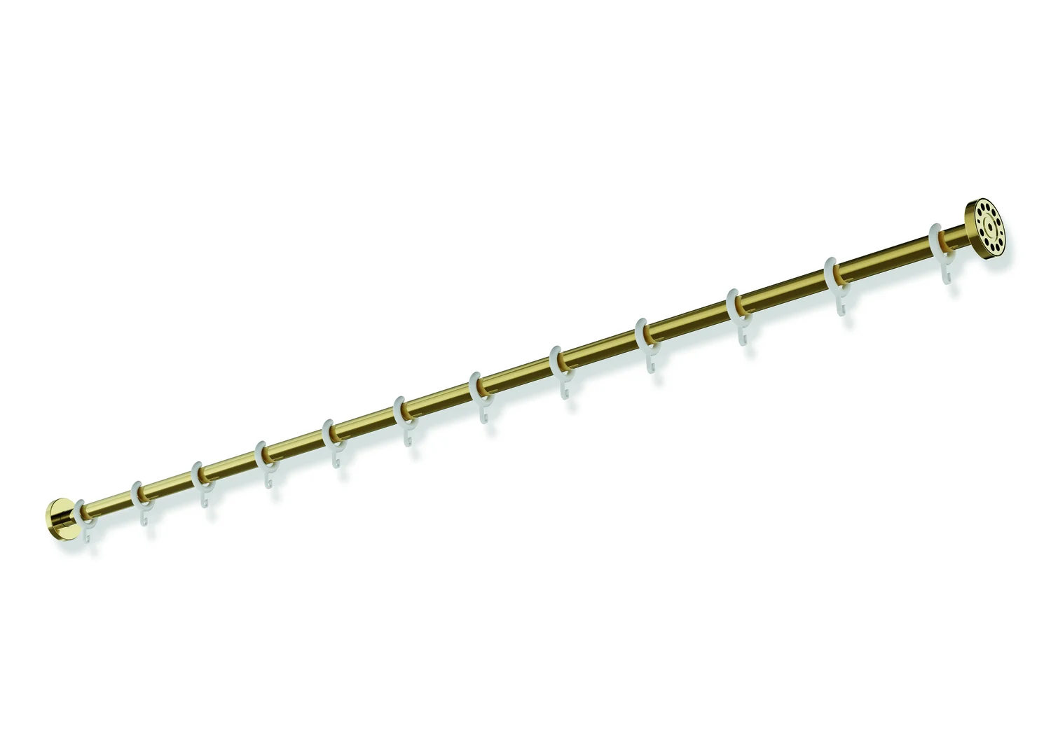 HEWI Vorhangstange System 900, Edelstahl PVD gold glänzend, Länge 1524 mm, Stangendurchmesser 25 mm, mit 12 Vorhangringen aus weißem POM