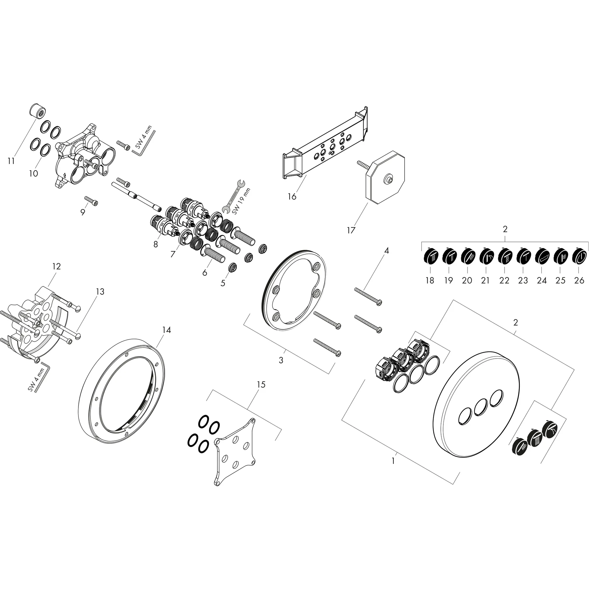 Absperrventil UP Axor ShowerSelect Fertigset 3 Verbraucher rund chrom