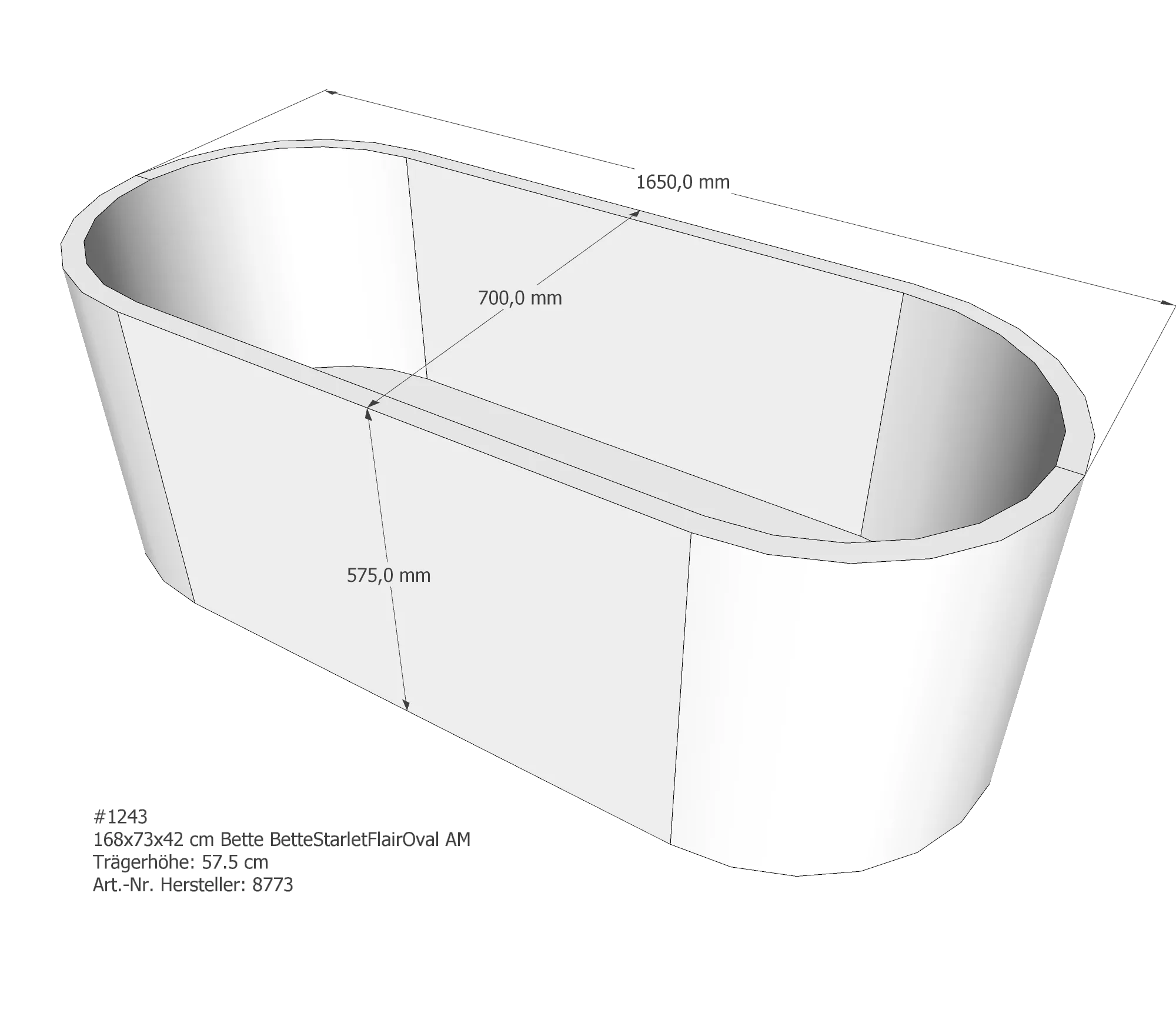 Badewannenträger für Bette StarletFlairOval 168 × 73 × 42 cm Breite: 73 cm / Länge: 168 cm