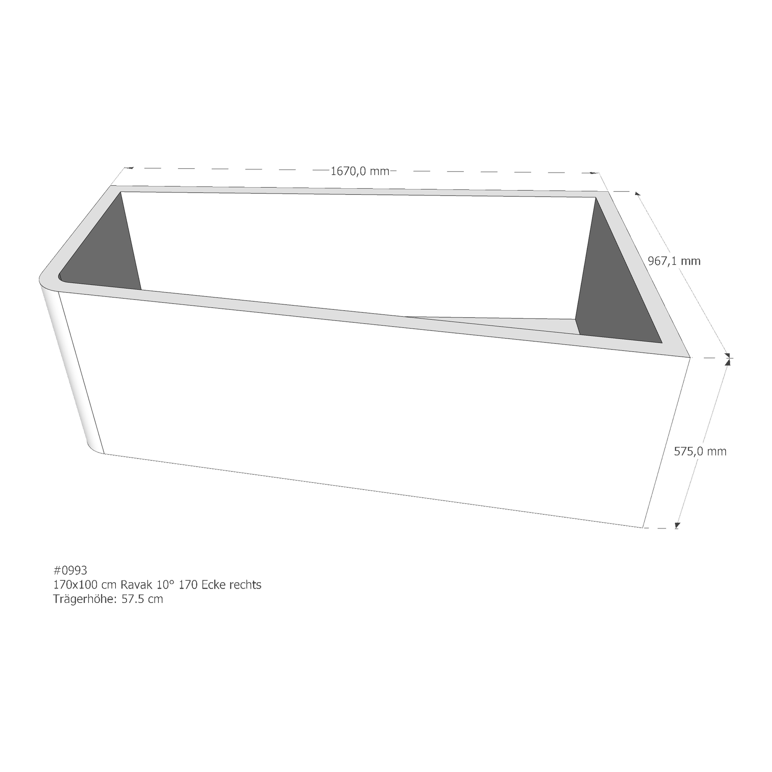 Badewannenträger für Ravak 10° 170x100 R 170 × 100 × 43 cm