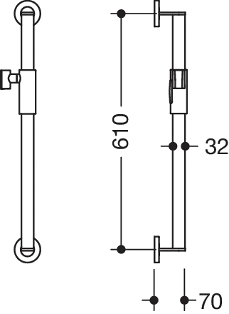 Brausehalterstange, Edelstahl, schliff, Achsmaß 610 mm, D: 32 mm, 70 mm tief, mit magnetischem Brausehalter Brausehalterstange, Edelstahl, schliff, Achsmaß 610 mm, D: 32 mm, 70 mm tief, mit magnetischem Brausehalter