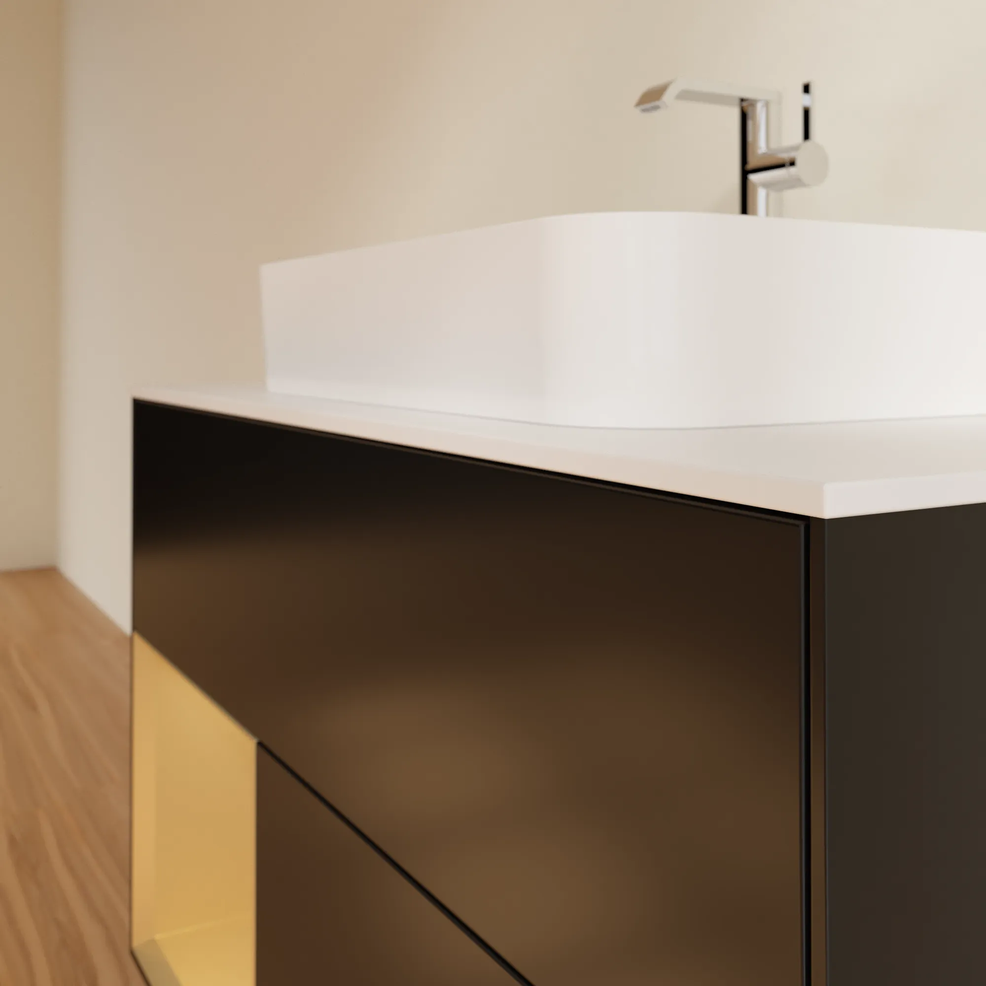 Villeroy & Boch Waschbeckenunterschrank Finion G36, 1000x603x501 mm, Black Matt Lacquer mit Gold Akzenten, Beleuchtung, SoftClosing, Push-to-open