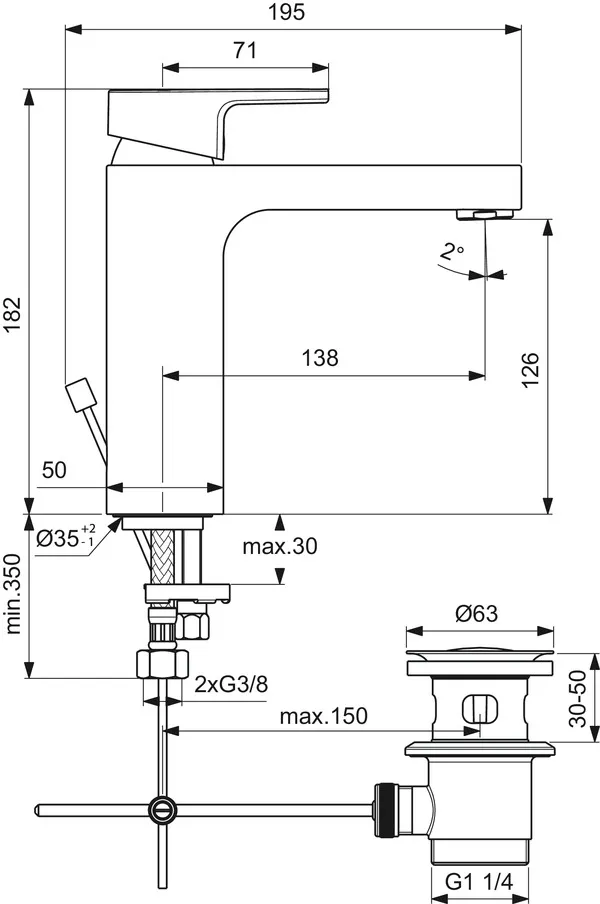 Waschtischarmatur Edge, Grande, 5 l/min., mit Ablaufgarnitur, Ausladung 138mm, Chrom Waschtischarmatur Edge, Grande, 5 l/min., mit Ablaufgarnitur, Ausladung 138mm, Chrom