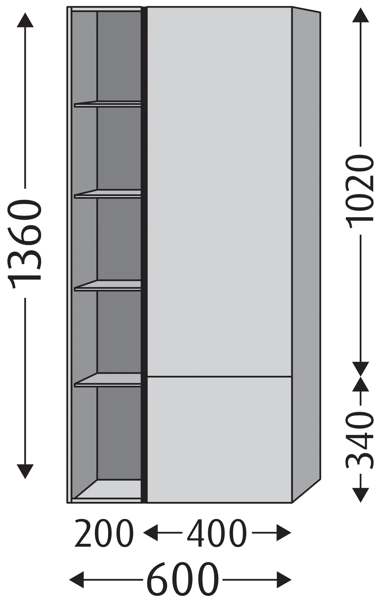 Stauraumschrank rechts 3way (UM183) 1360x600x345 Anthrazit-Matt