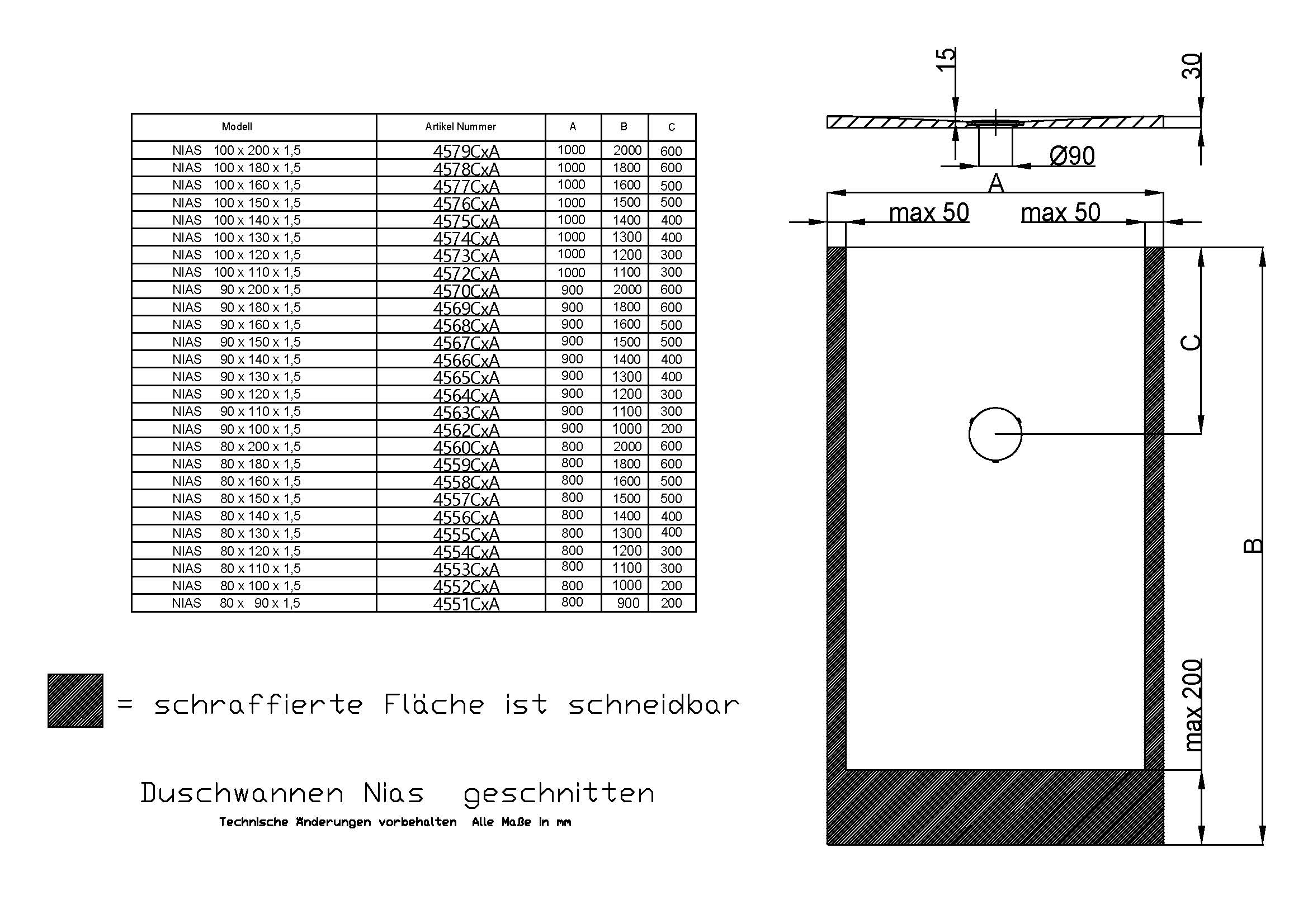 Hoesch rechteck Duschwanne geschnitten „Nias“ mit strukturierter Oberfläche 160 × 90 cm in Steingrau