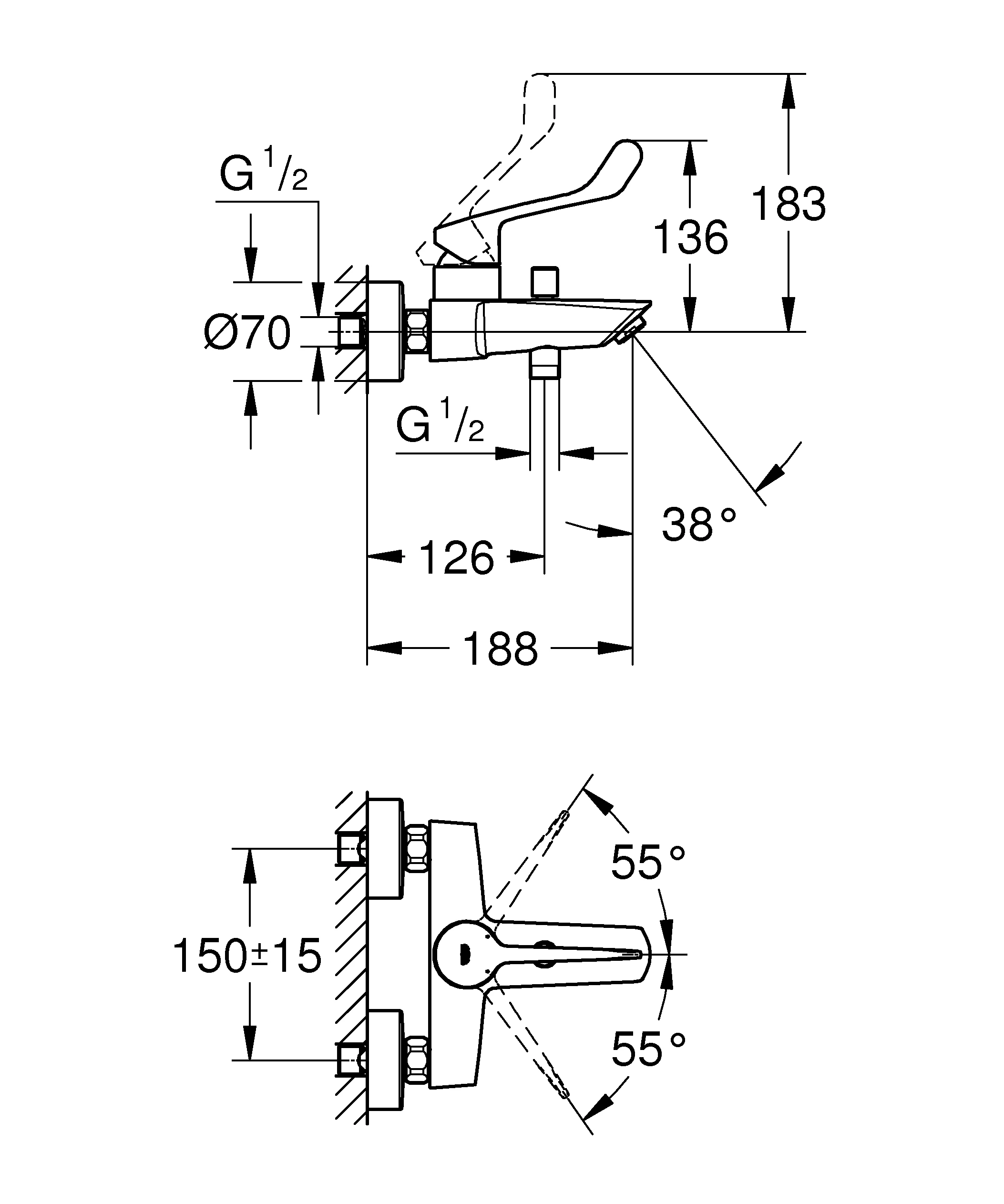 Einhand-Wannenbatterie Eurosmart, 25243_3, Wandmontage, langer Metallhebel, Temperaturbegrenzer, S-Anschlüsse, eigensicher, chrom