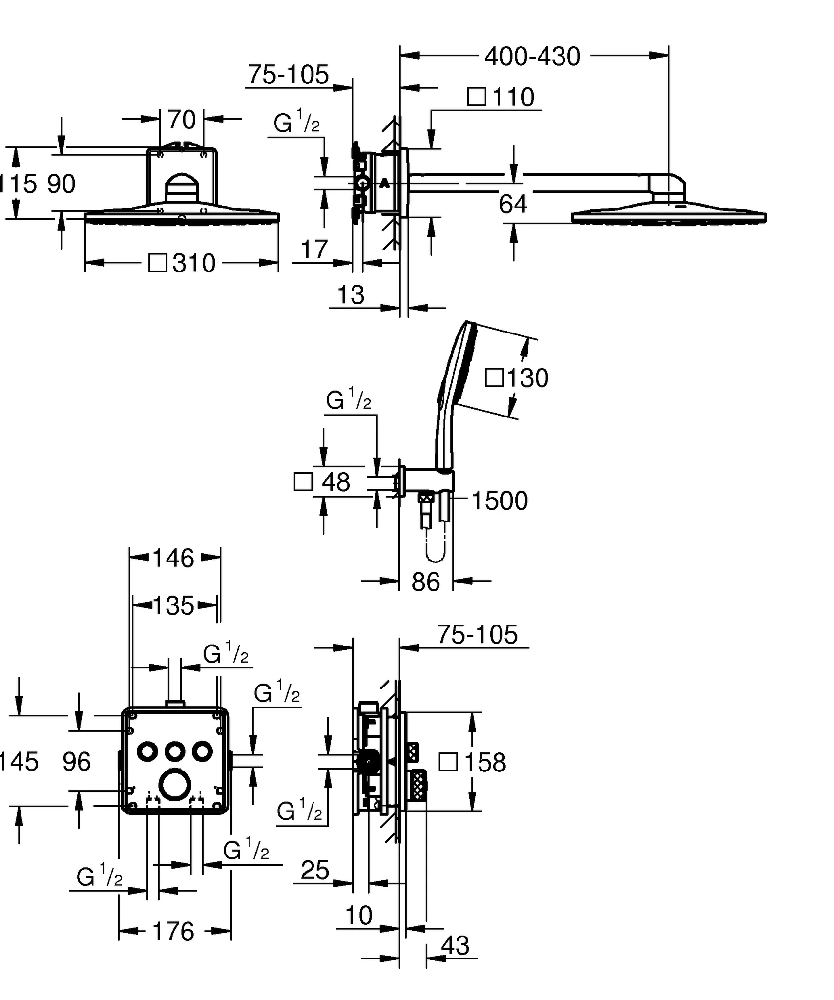 Grohe Unterputz-Armatur eckige Form „Grohtherm“ SmartControl Ausladung 400 mm in chrom Grohe Unterputz-Armatur eckige Form „Grohtherm“ SmartControl Ausladung 400 mm in chrom